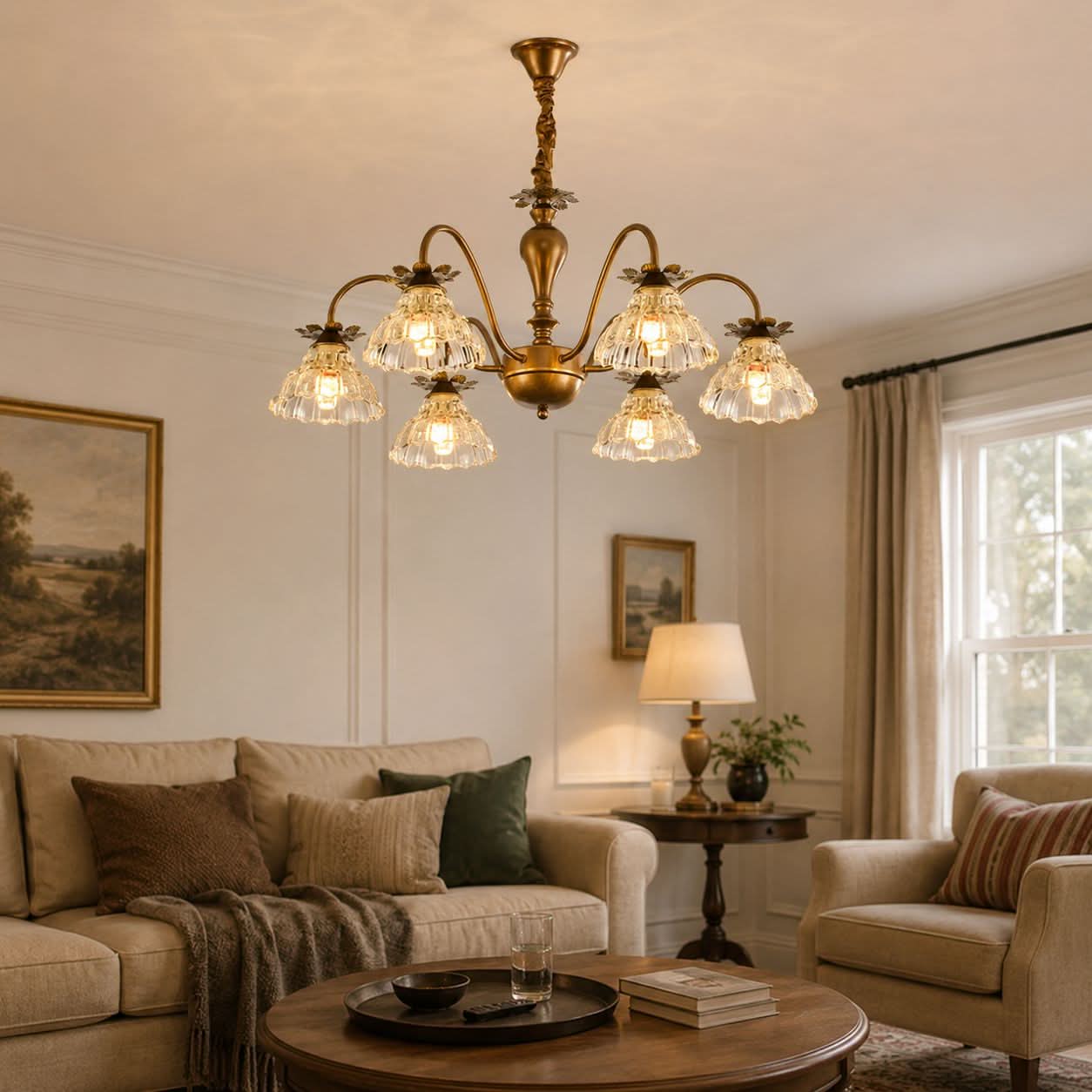 6-Light Gold Vintage Floral Glass Chandelier | E14 Ceiling Lamp