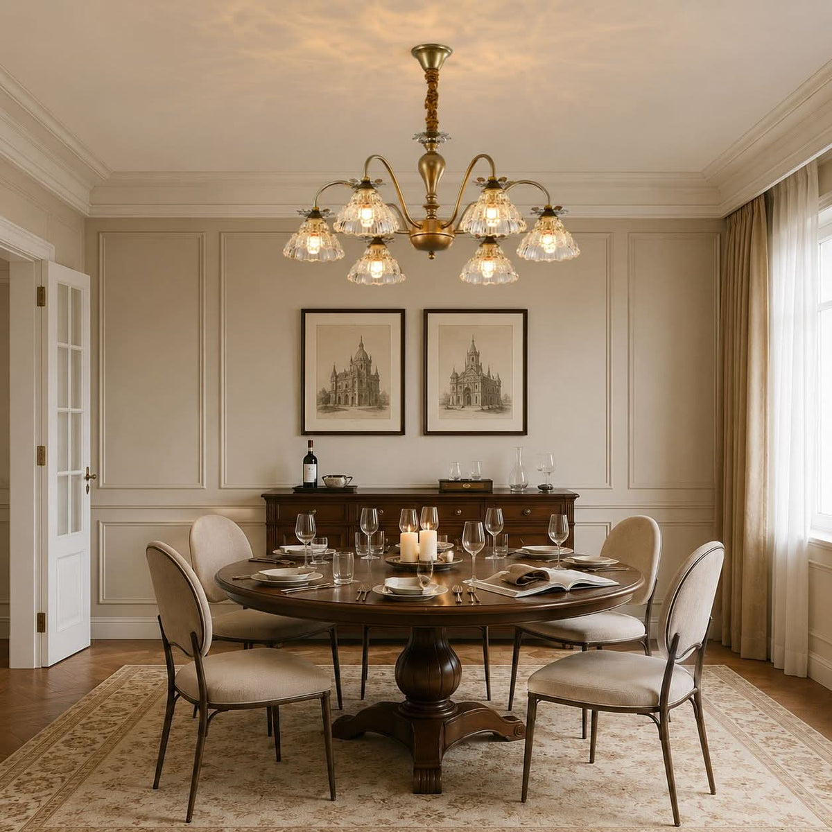 6-Light Gold Vintage Floral Glass Chandelier | E14 Ceiling Lamp