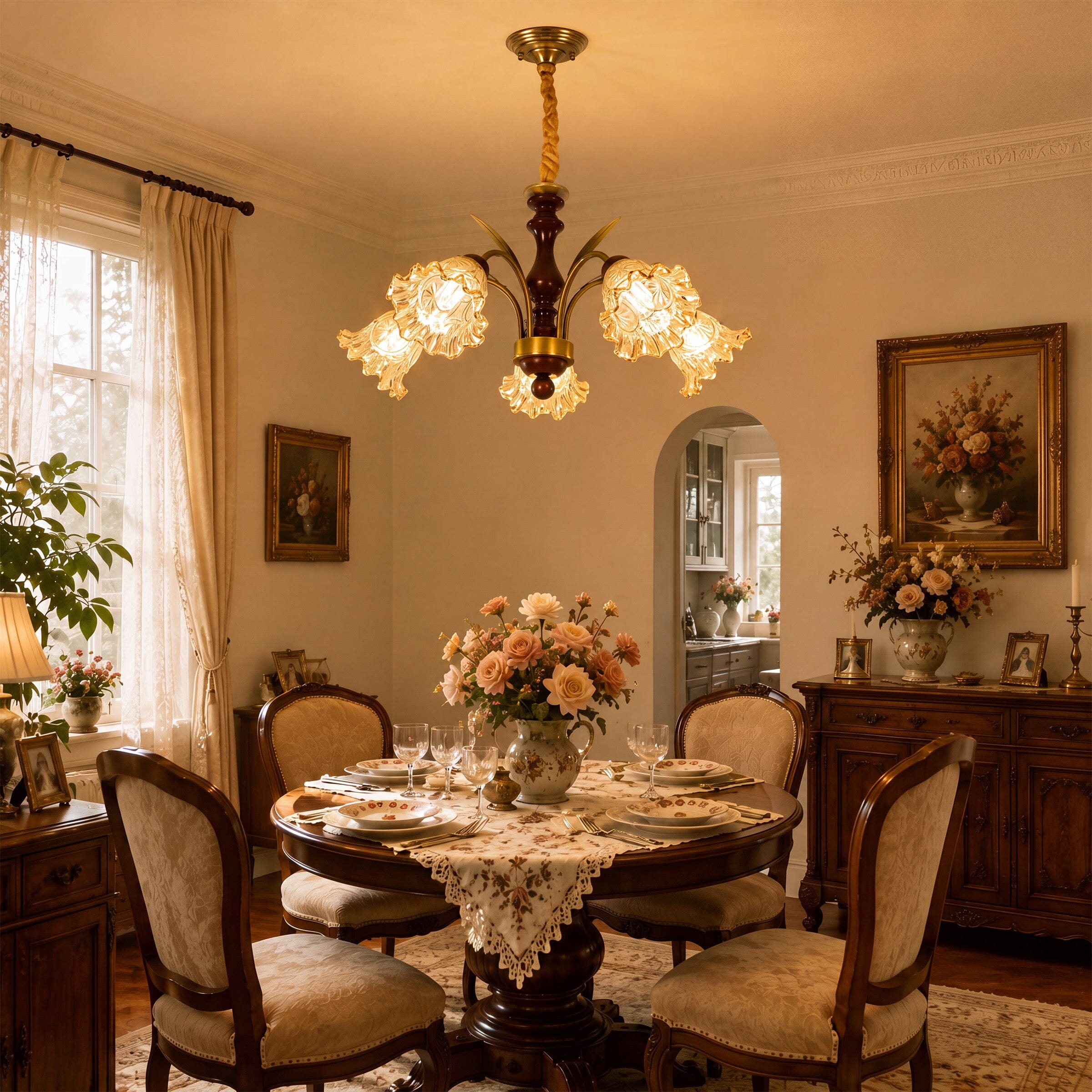 5-Light Vintage Glass Flower Chandelier | Copper E27 Pendant Lamp