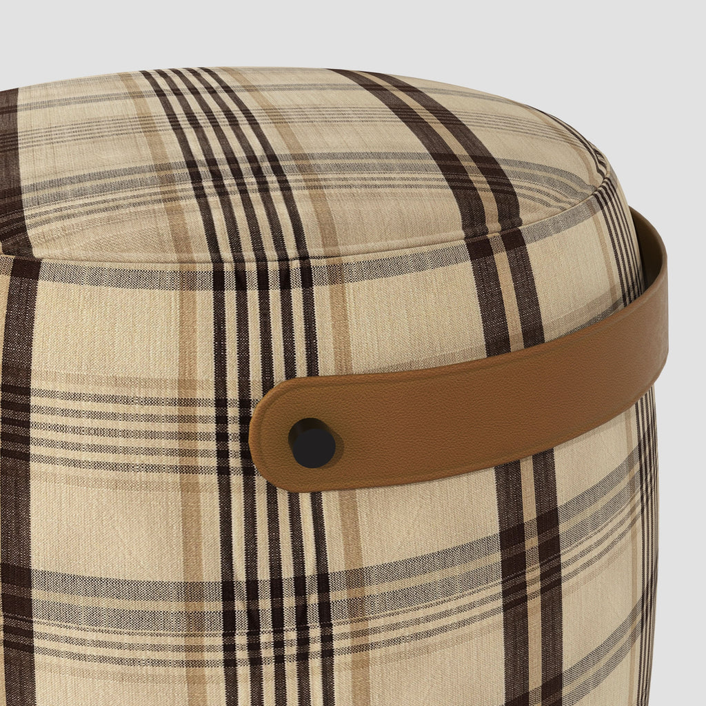 Haven British Check Round Pouffe Footstool with Leather Handle