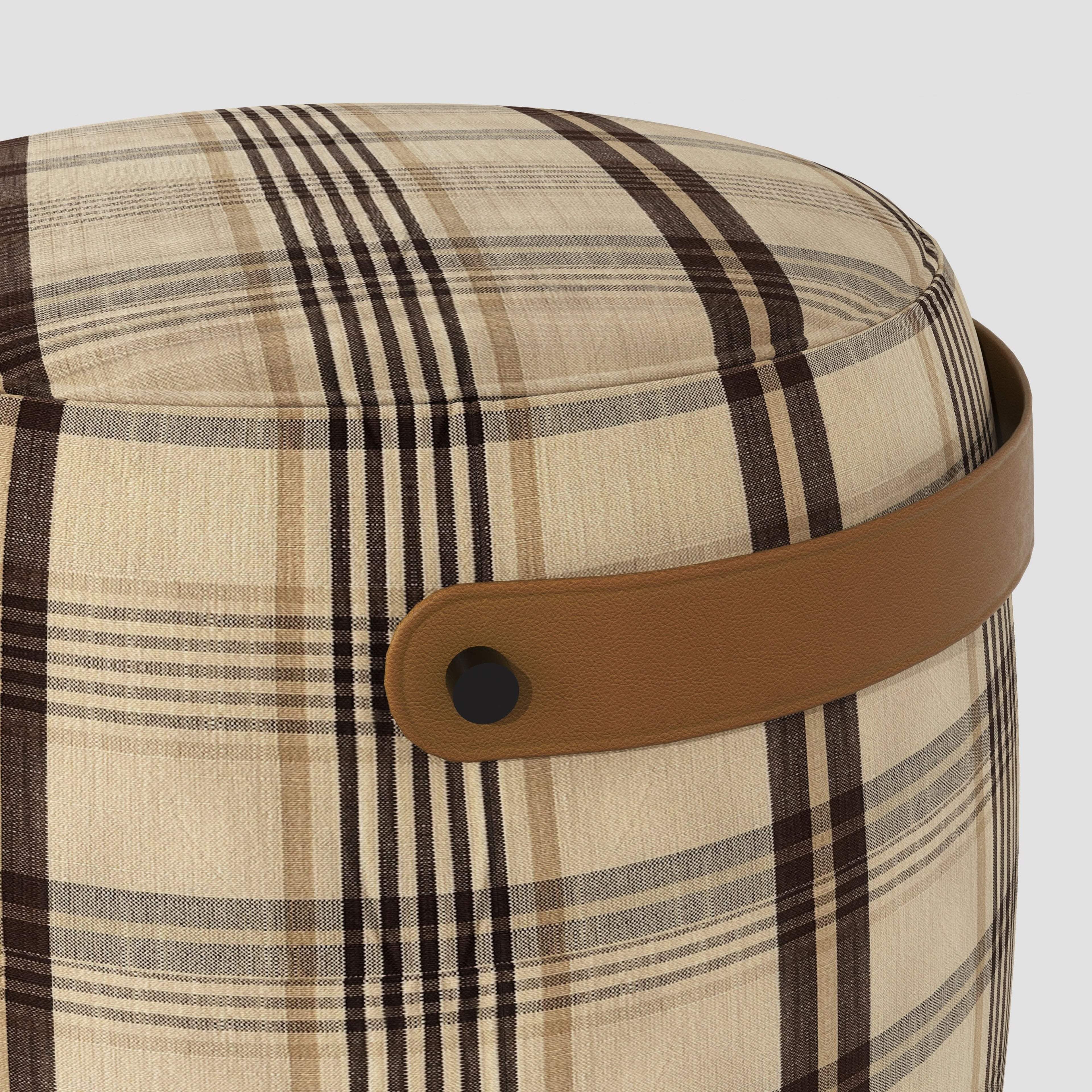 Haven British Check Round Pouffe Footstool with Leather Handle