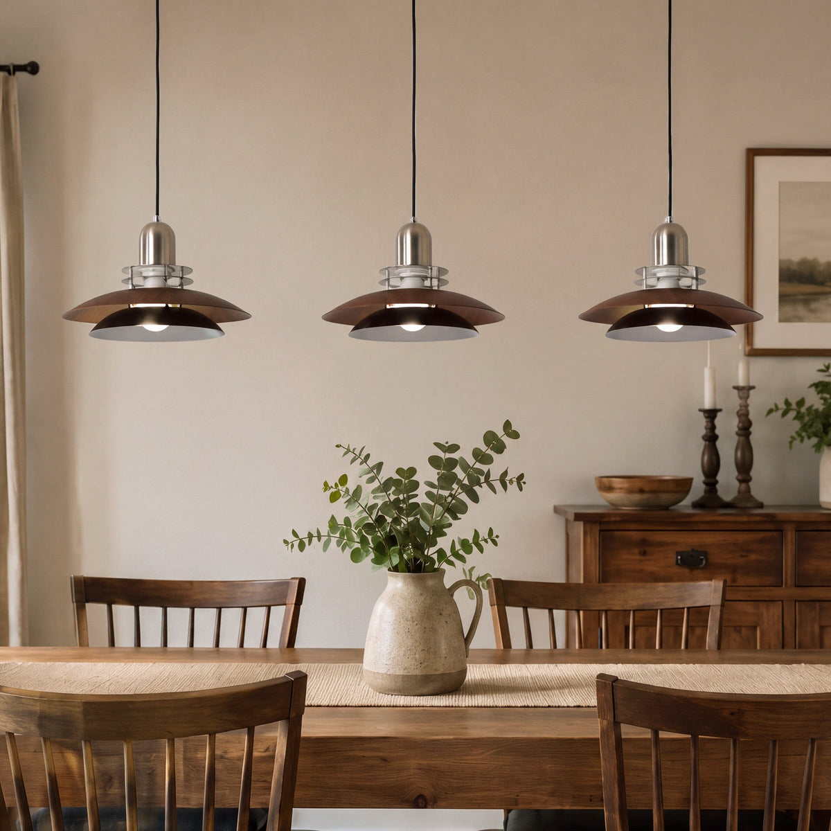 3-Light Walnut Iron Pendant Light | Adjustable E27 Ceiling Lamp
