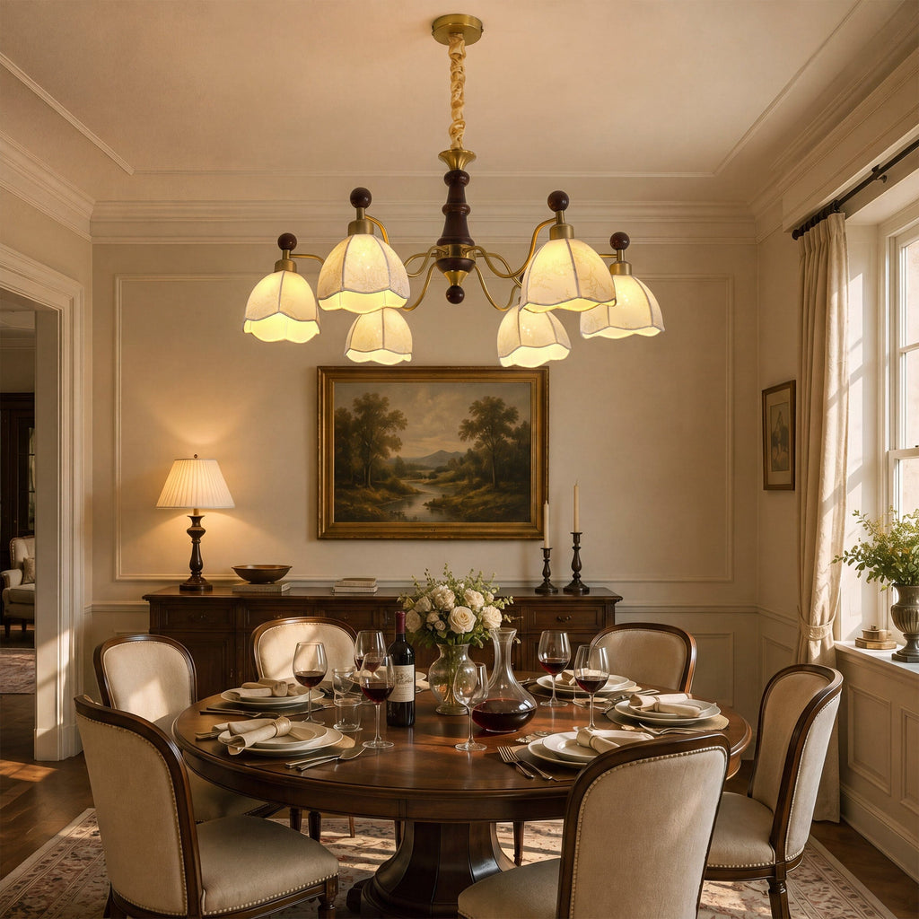 6-Light Yellow Fabric Chandelier | Adjustable E27 Ceiling Lamp