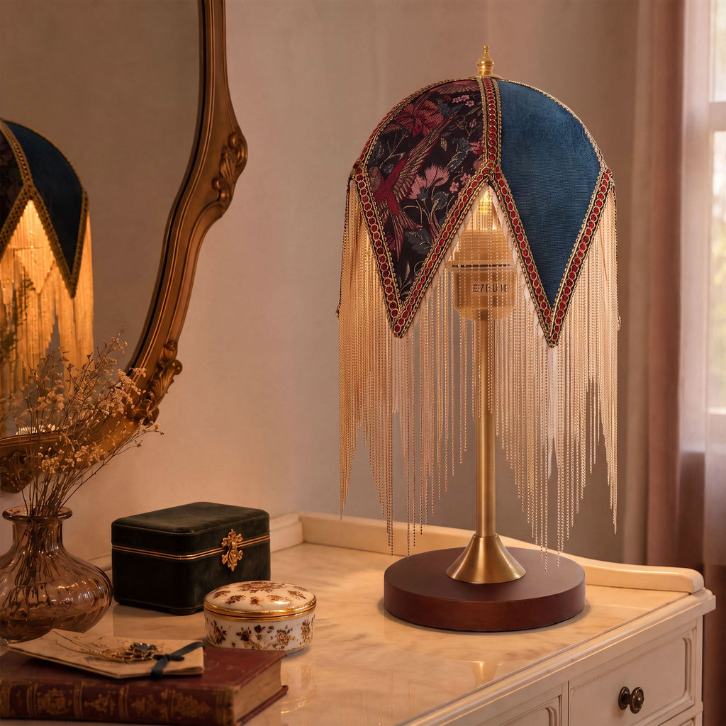 Mid-Century Vintage Tassel Table Lamp | Antique Brass & Fabric Bedside Lamp