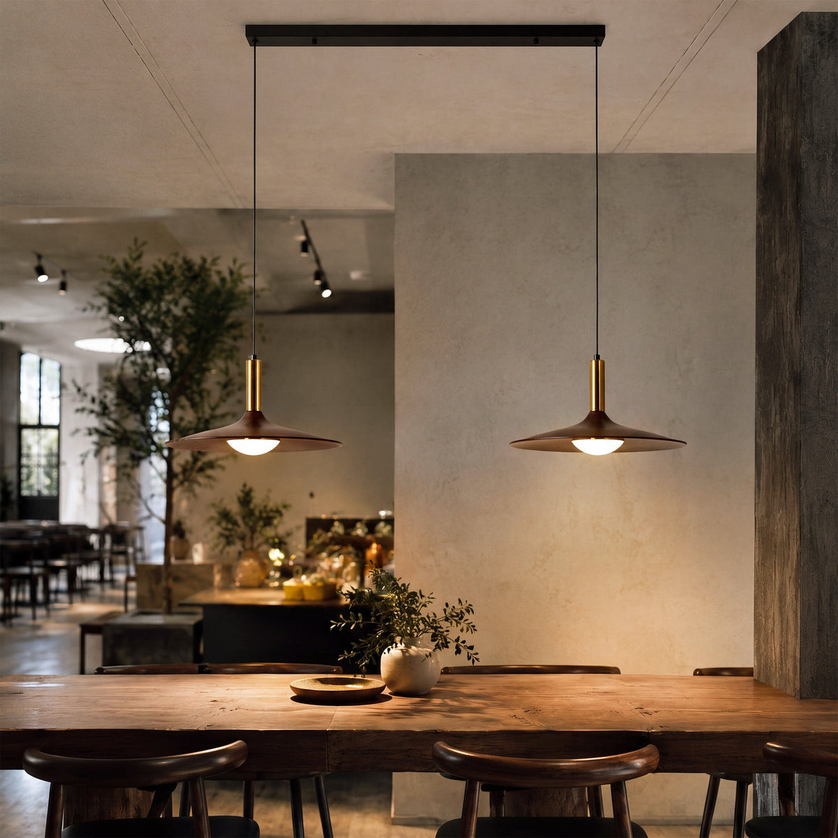 Walnut Double Pendant Light | Linear E27 Ceiling Lamp