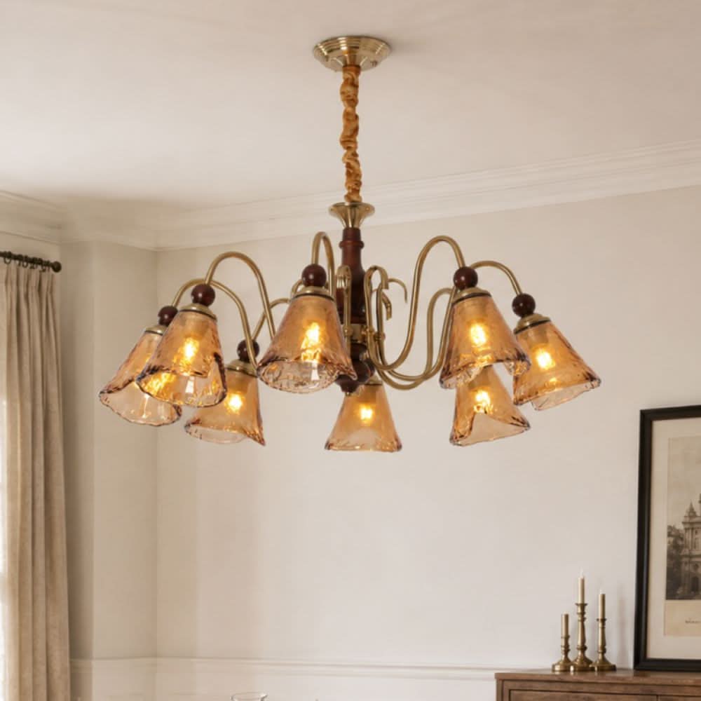 8-Light Walnut Vintage Cut Glass Chandelier | Wood and Iron Ceiling Lamp