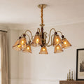 8-Light Walnut Vintage Cut Glass Chandelier | Wood and Iron Ceiling Lamp