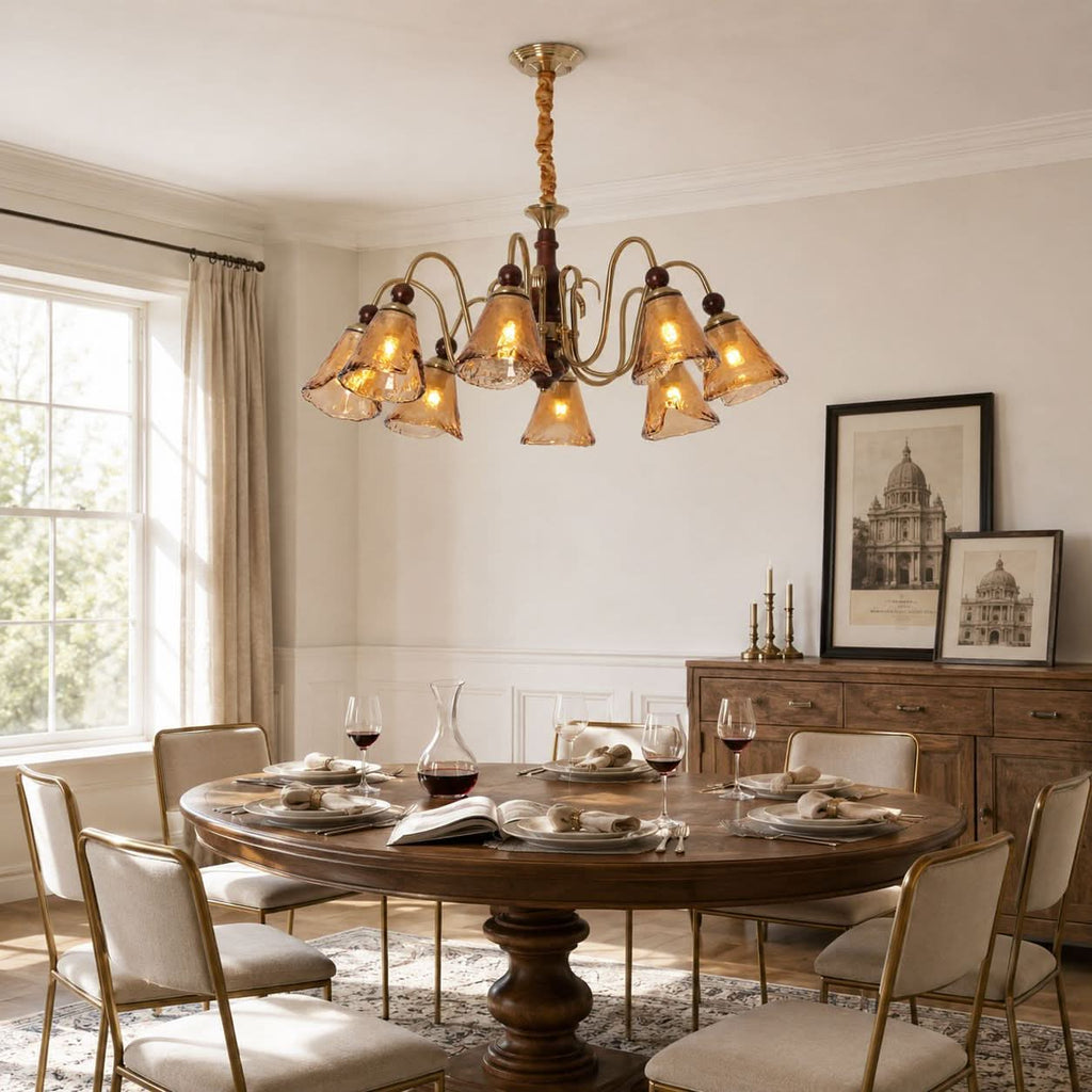 8-Light Walnut Vintage Cut Glass Chandelier | Wood and Iron Ceiling Lamp