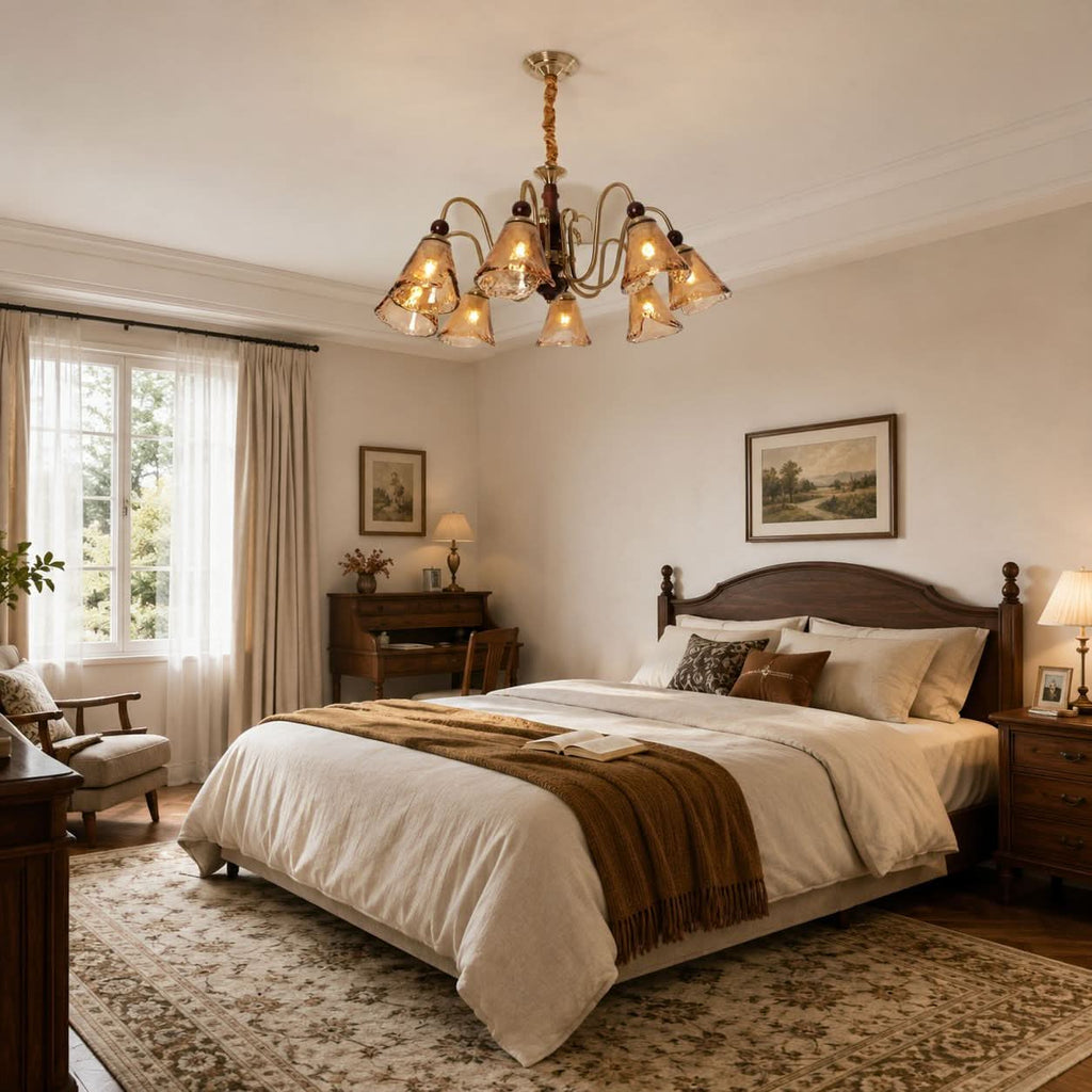 8-Light Walnut Vintage Cut Glass Chandelier | Wood and Iron Ceiling Lamp