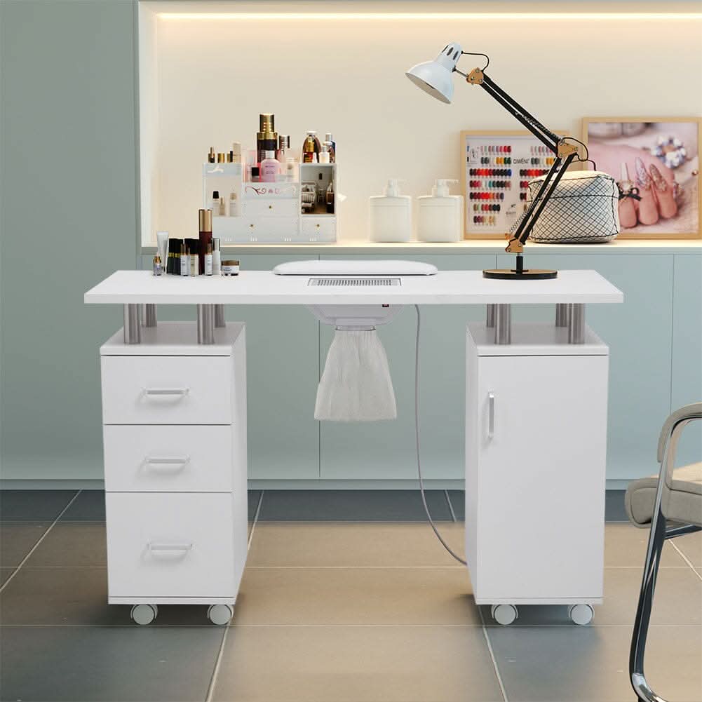 120cm W White Professional Manicure Station Nail Table on Wheels with Dust Collector