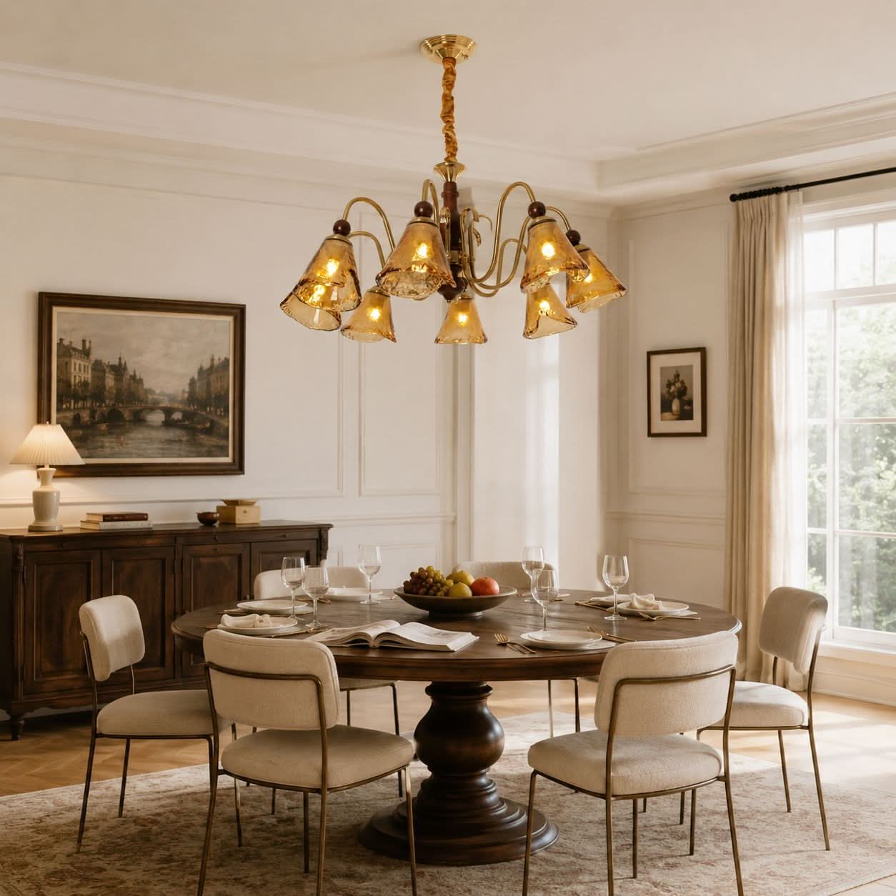 8-Light Walnut Vintage Cut Glass Chandelier | Wood and Iron Ceiling Lamp