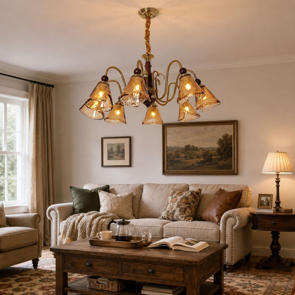 8-Light Walnut Vintage Cut Glass Chandelier | Wood and Iron Ceiling Lamp