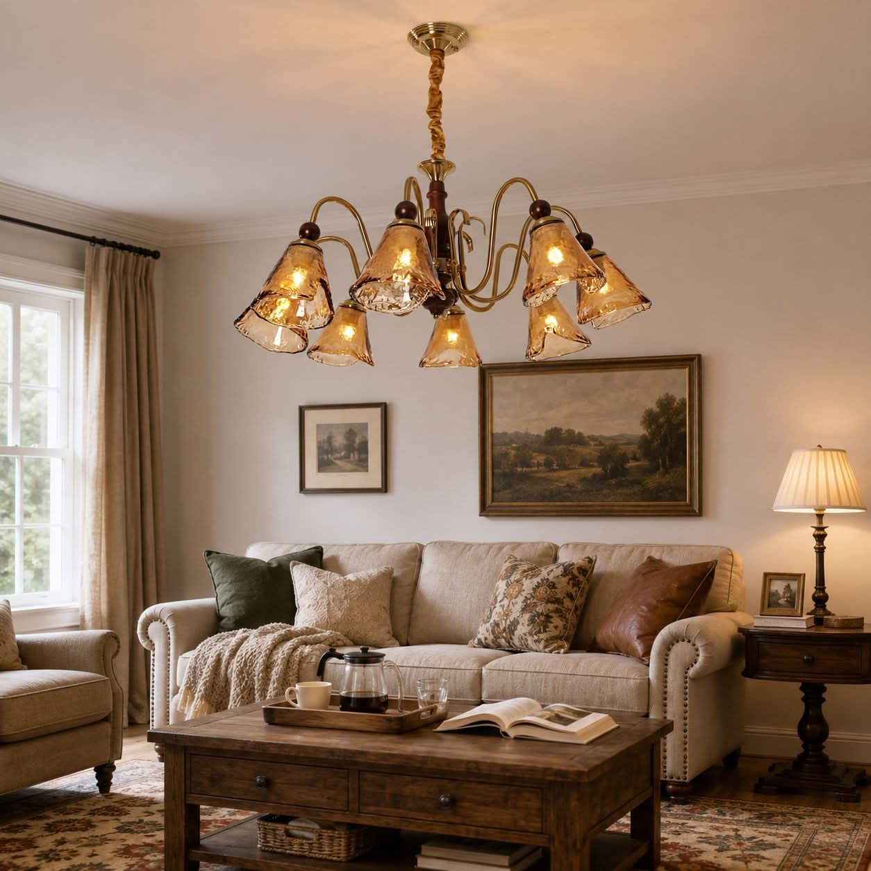 8-Light Walnut Vintage Cut Glass Chandelier | Wood and Iron Ceiling Lamp