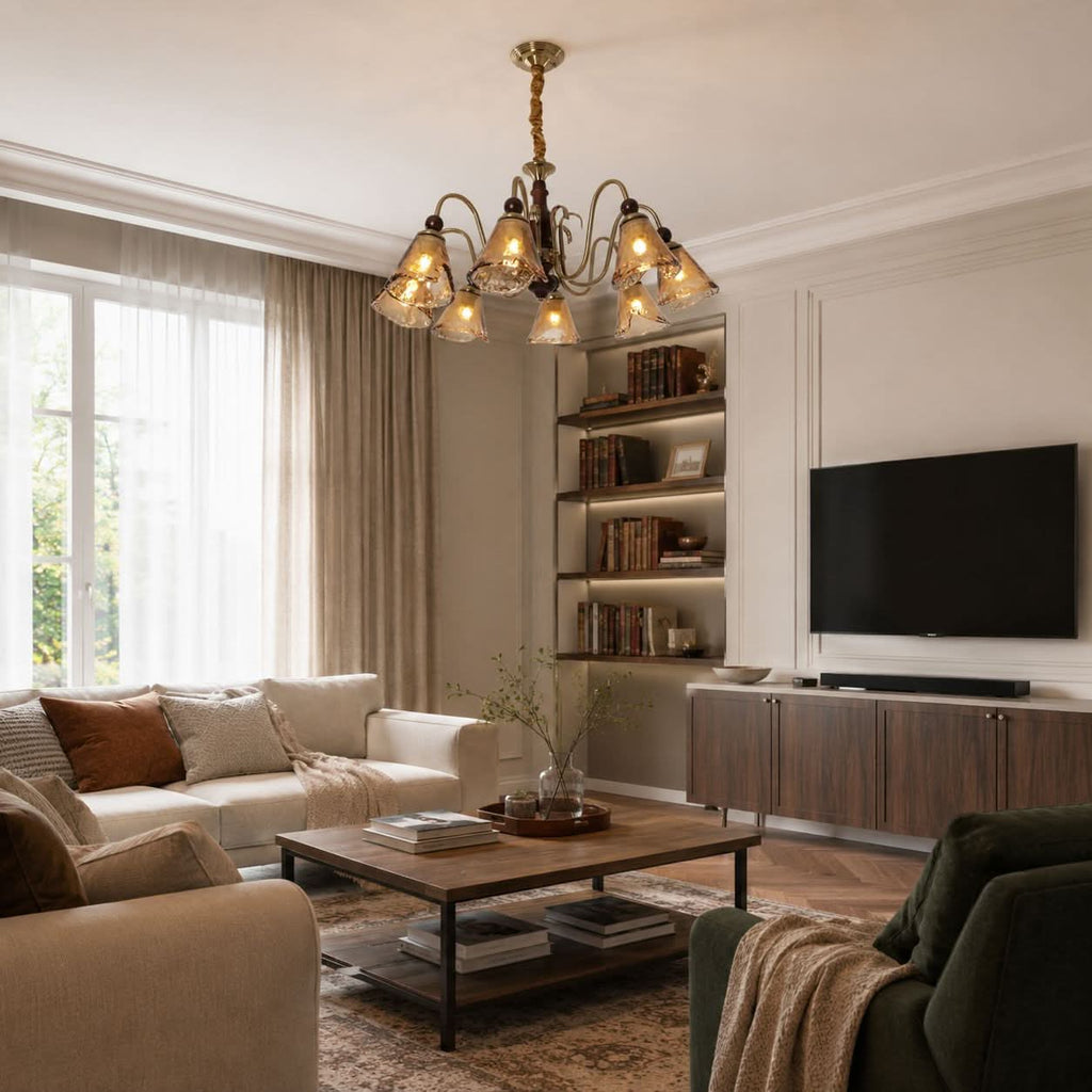 8-Light Walnut Vintage Cut Glass Chandelier | Wood and Iron Ceiling Lamp