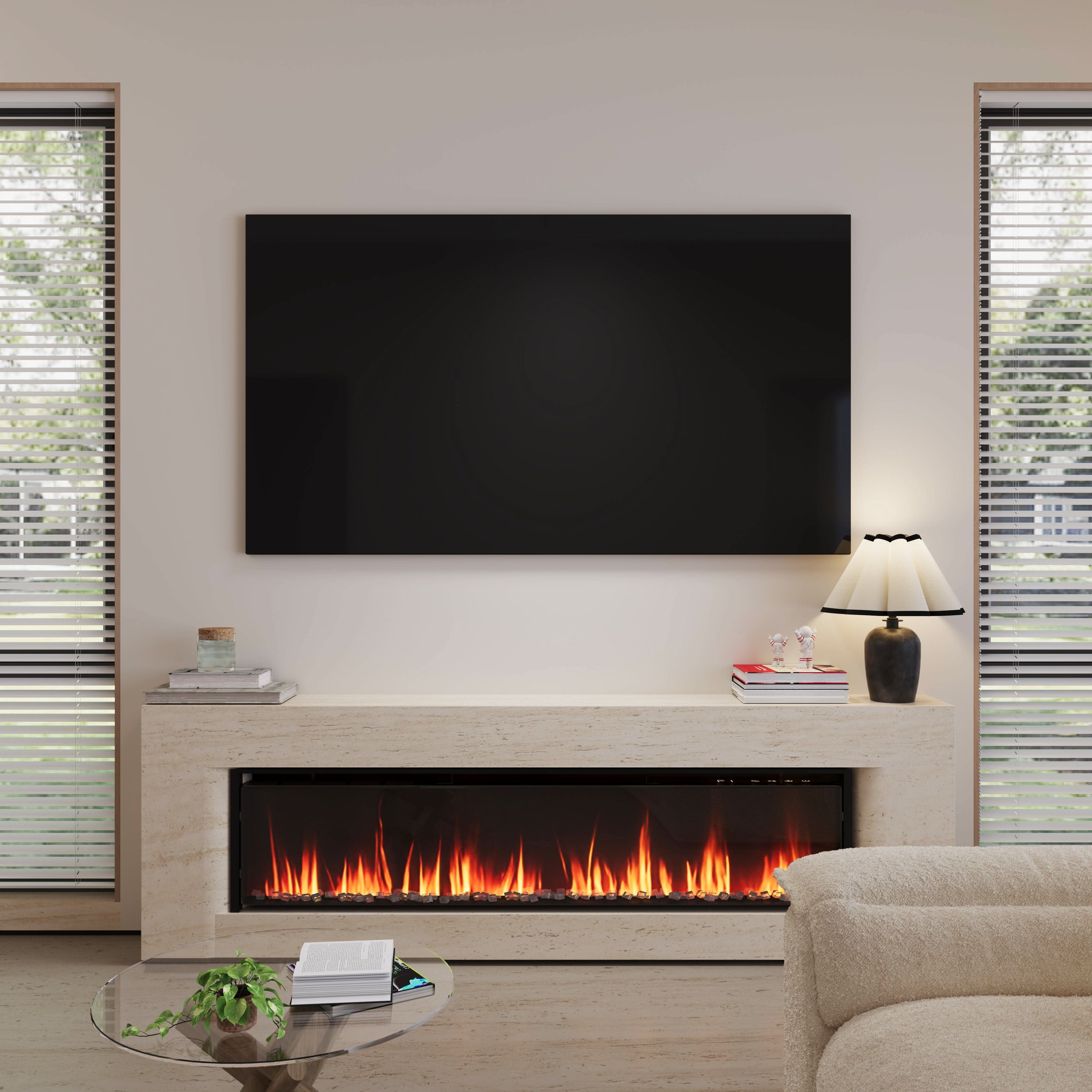 40/50/60inch Black Wall Mounted & Recessed Electric Fireplace with Adjustable Flame & Brightness