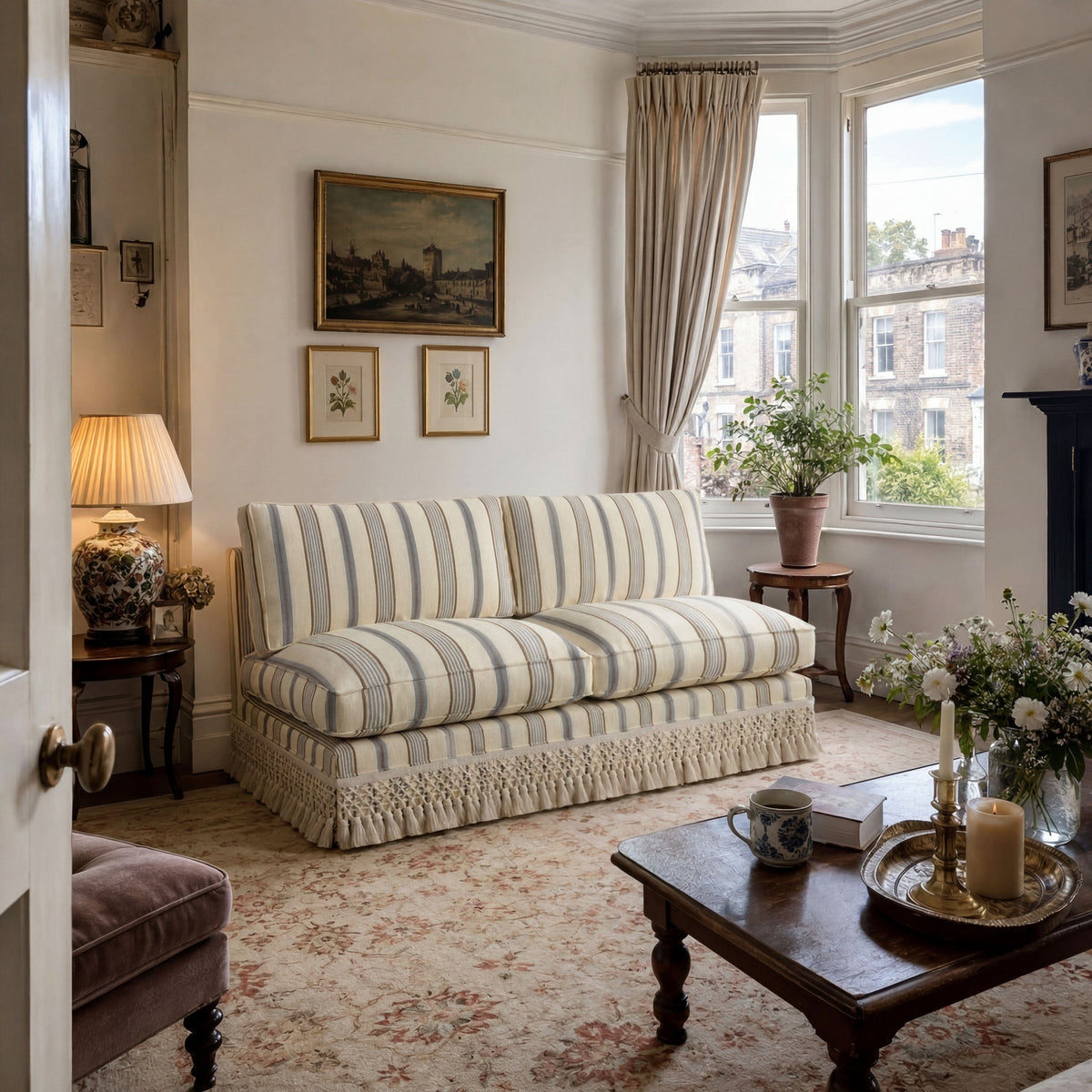 Armless Sofa with Fringed Trim and Removable Covers