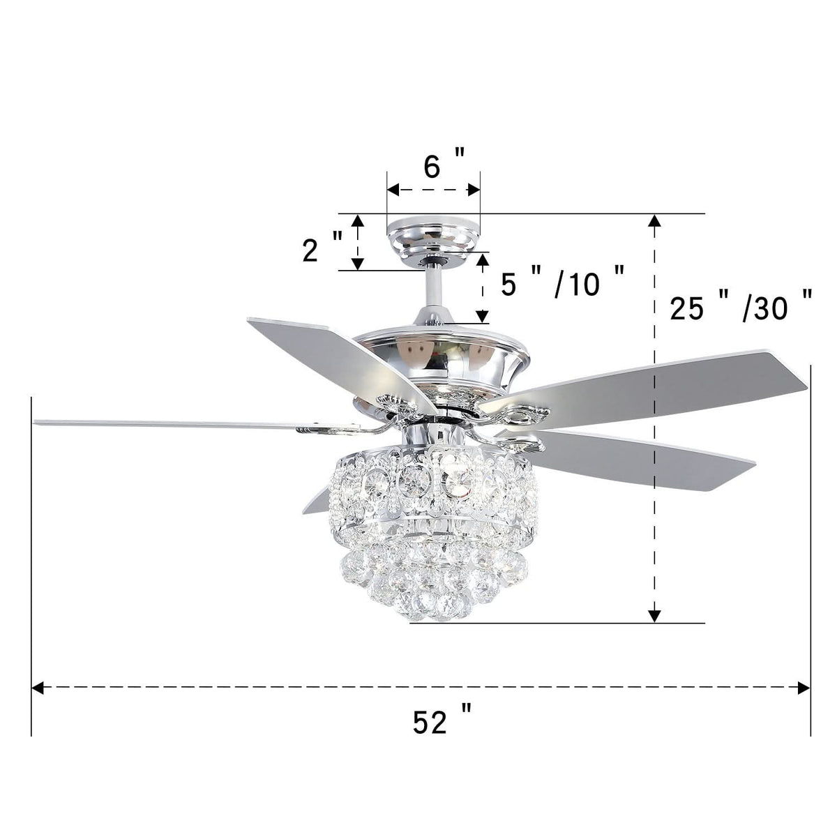 52 Inch LED Ceiling Fan 5 Blades Crystal Chandelier