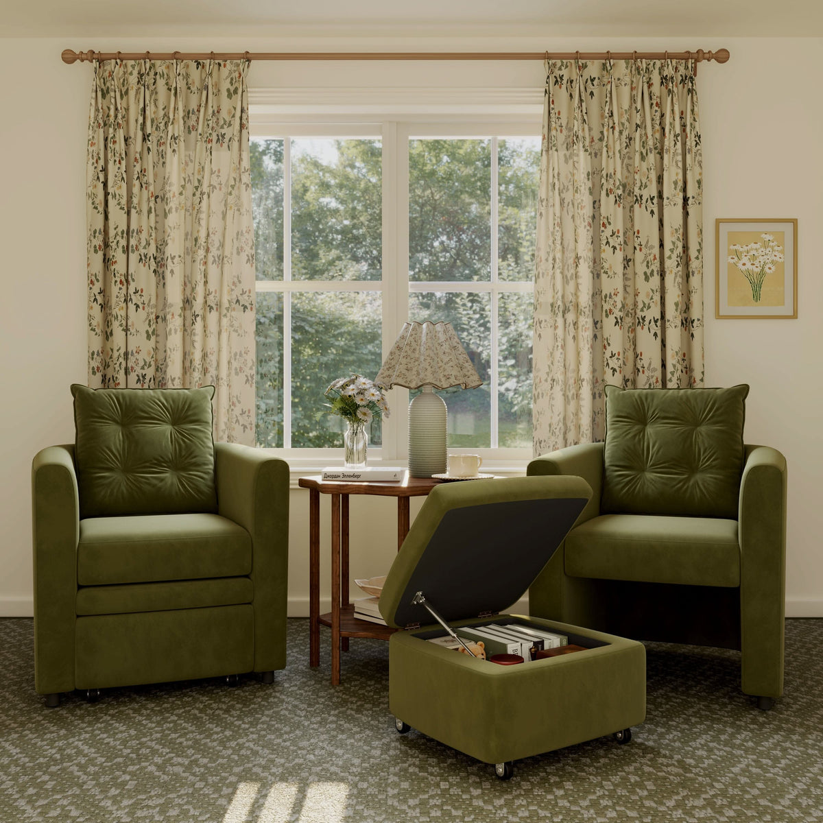 Cottonfy Green Velvet Armchair with Hidden Storage Footstool