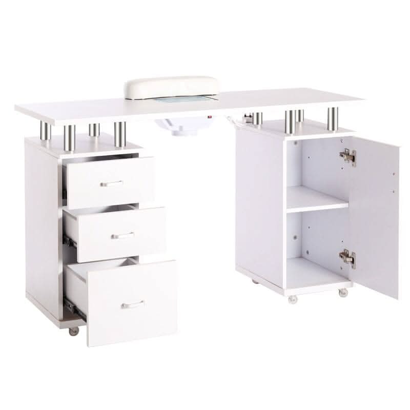 120cm W White Professional Manicure Station Nail Table on Wheels with Dust Collector