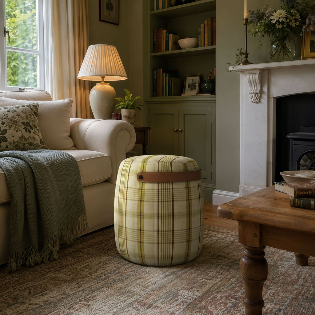 Haven British Check Round Pouffe Footstool with Leather Handle