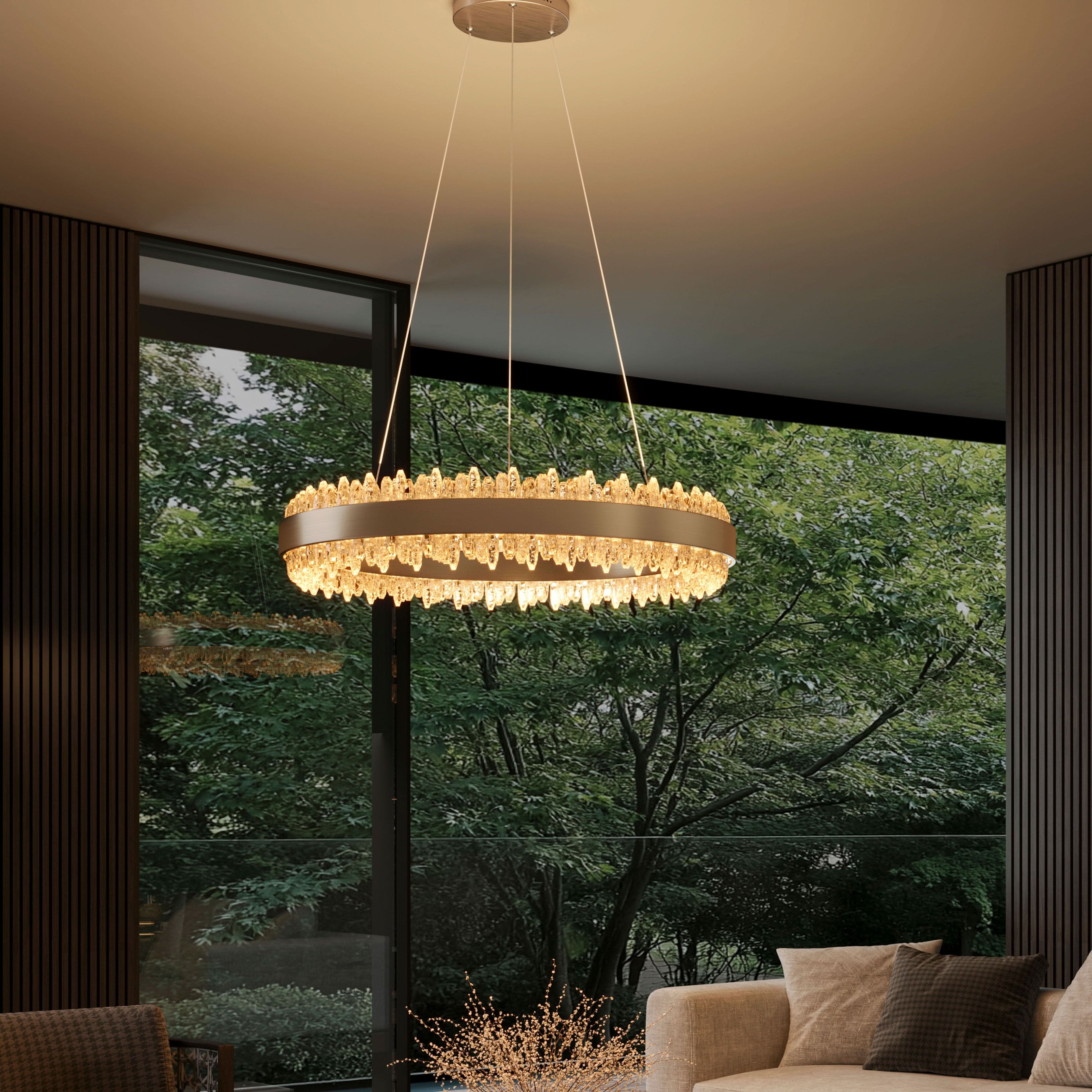 Lightsin Crystal LED Pendant Light Gold Circular Chandelier with Crystal Edges