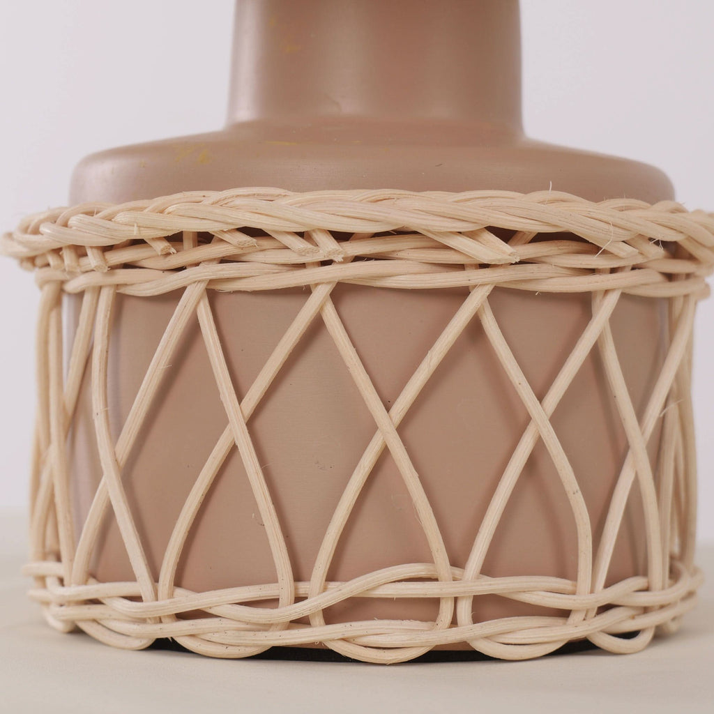 Lightsin Natural Rattan Table Lamp with Pink Wood Base for Bedroom and Living Room