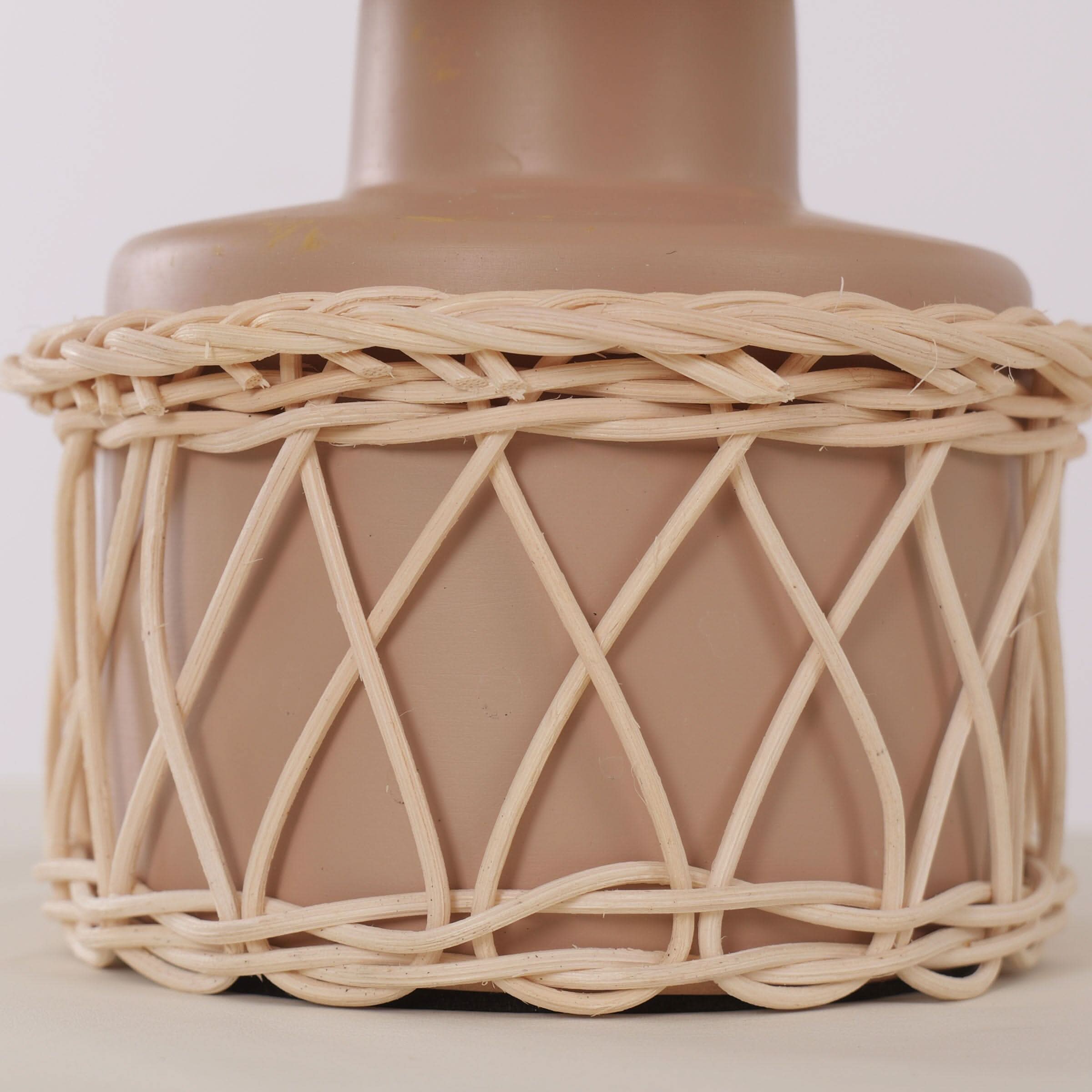Lightsin Natural Rattan Table Lamp with Pink Wood Base for Bedroom and Living Room