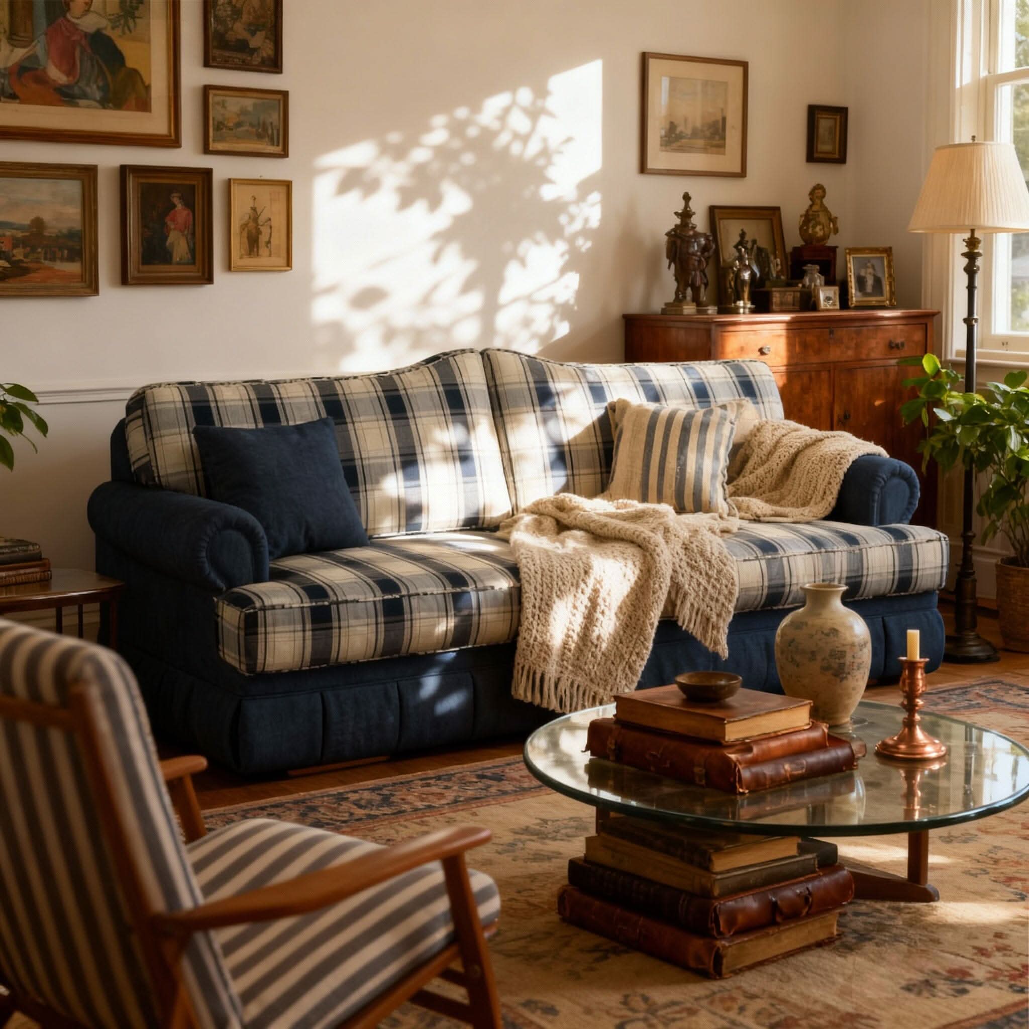 Cottonfy Heritage Plaid Skirted Sofa with Concealed Storage Drawers