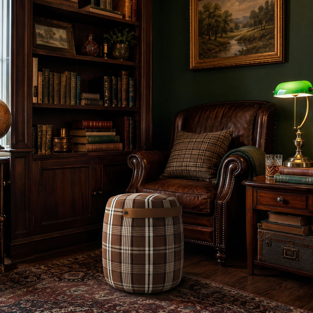 Haven British Check Round Pouffe Footstool with Leather Handle