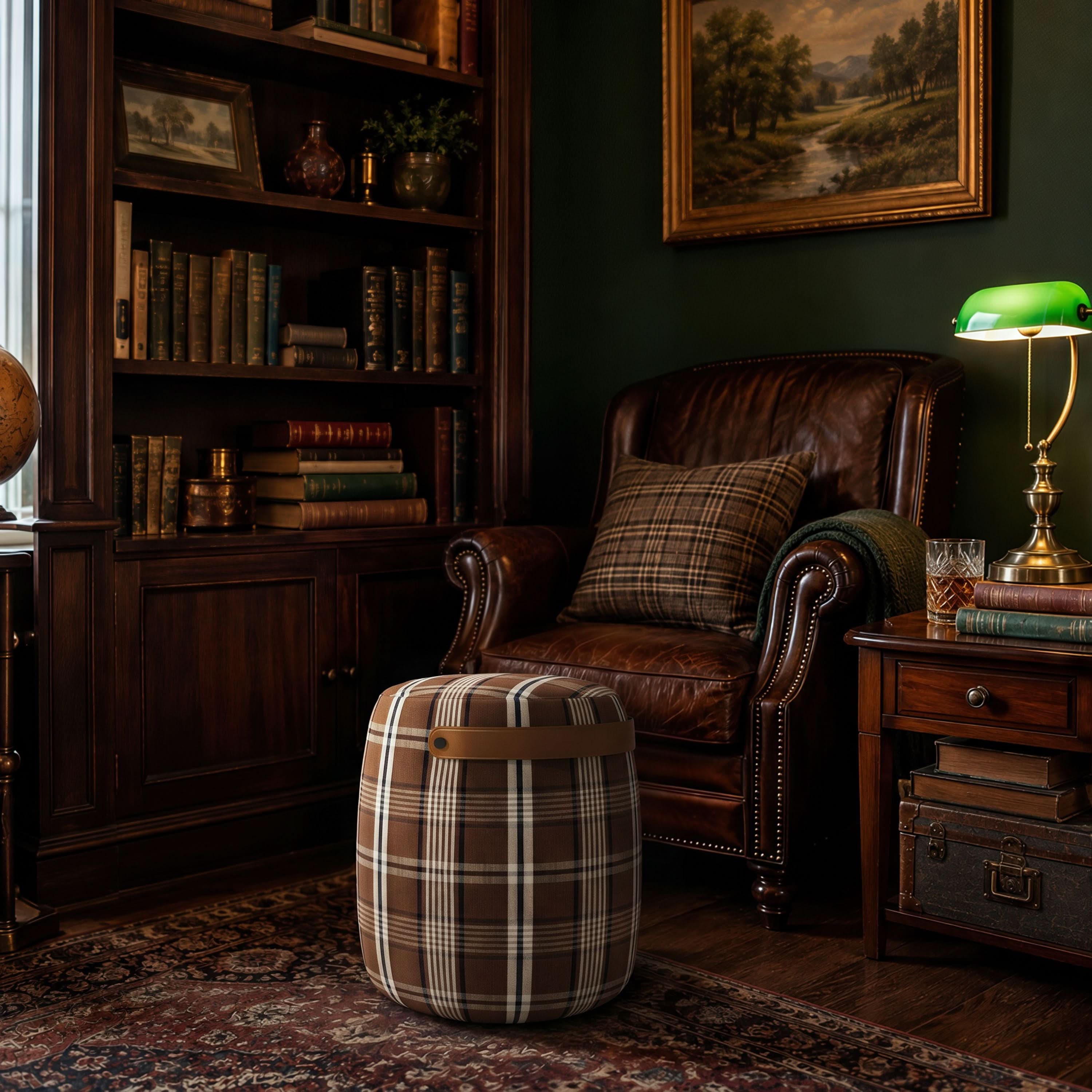 Haven British Check Round Pouffe Footstool with Leather Handle