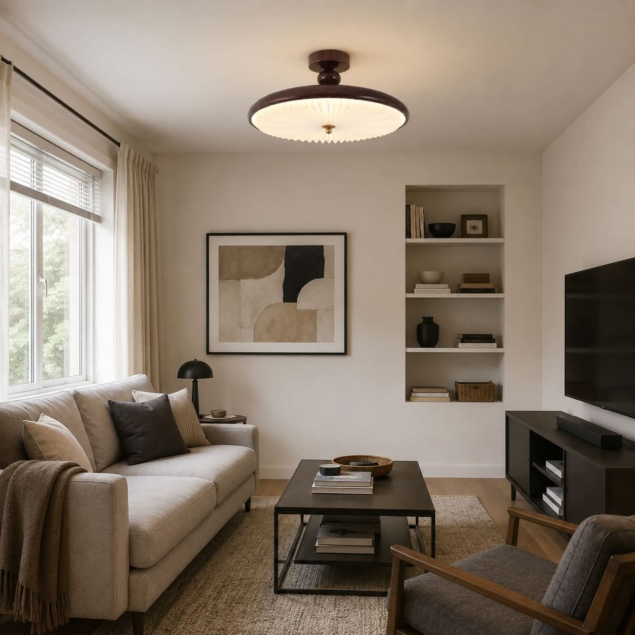 Walnut Pleated Ceiling Light | LED Flush Mount