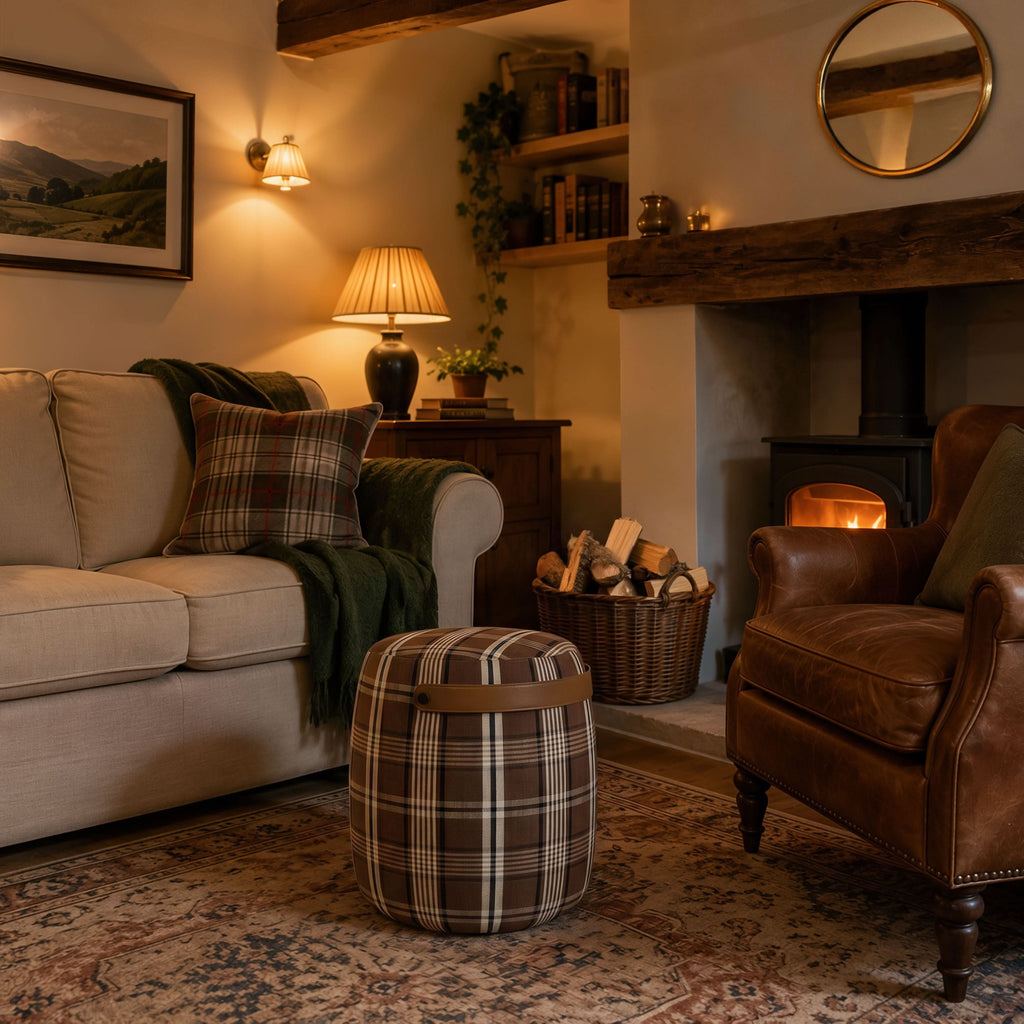 Haven British Check Round Pouffe Footstool with Leather Handle