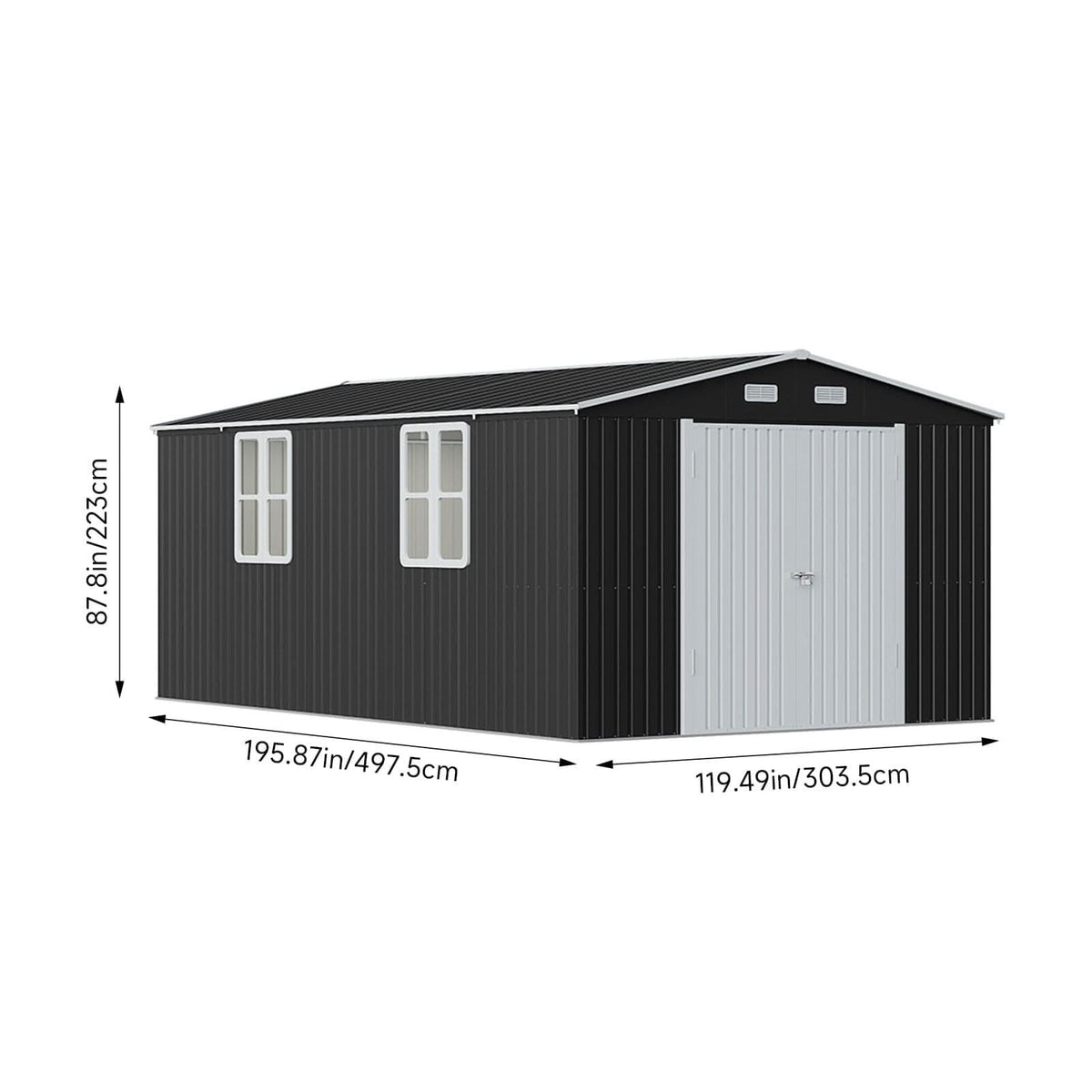 12x10ft / 10x12ft / 10x16ft Charcoal Black Galvanized Steel Storage Shed with Double Lockable Doors & Grid Windows