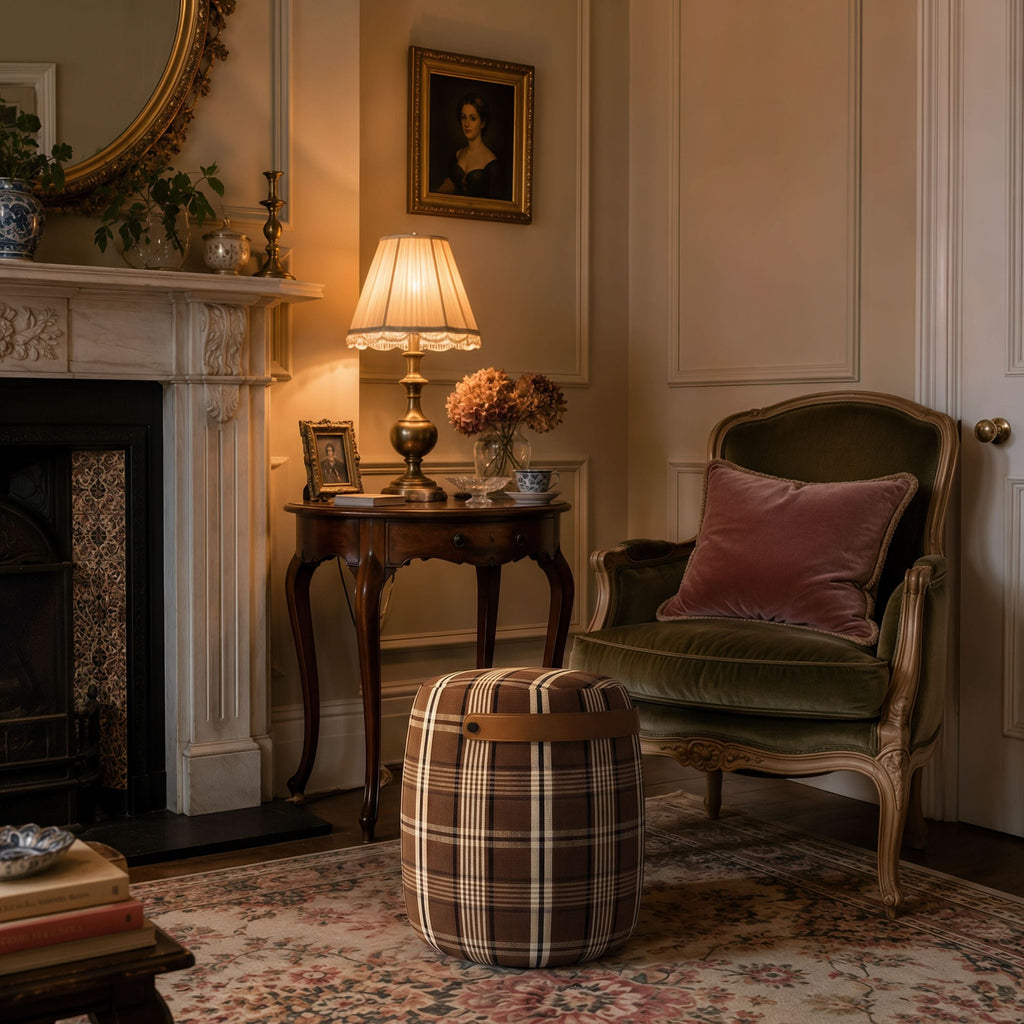 Haven British Check Round Pouffe Footstool with Leather Handle