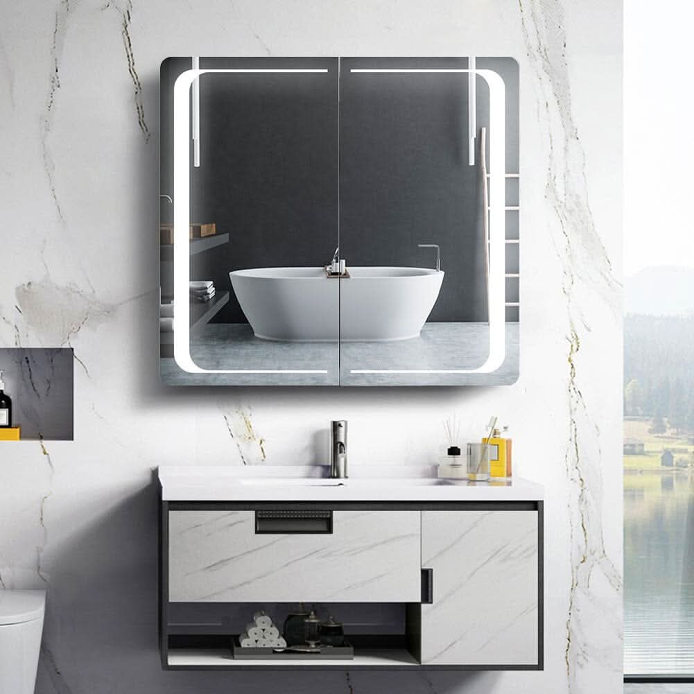 60cm H Double Door Anti-Fog Mirror Cabinet with Bluetooth and LED Light