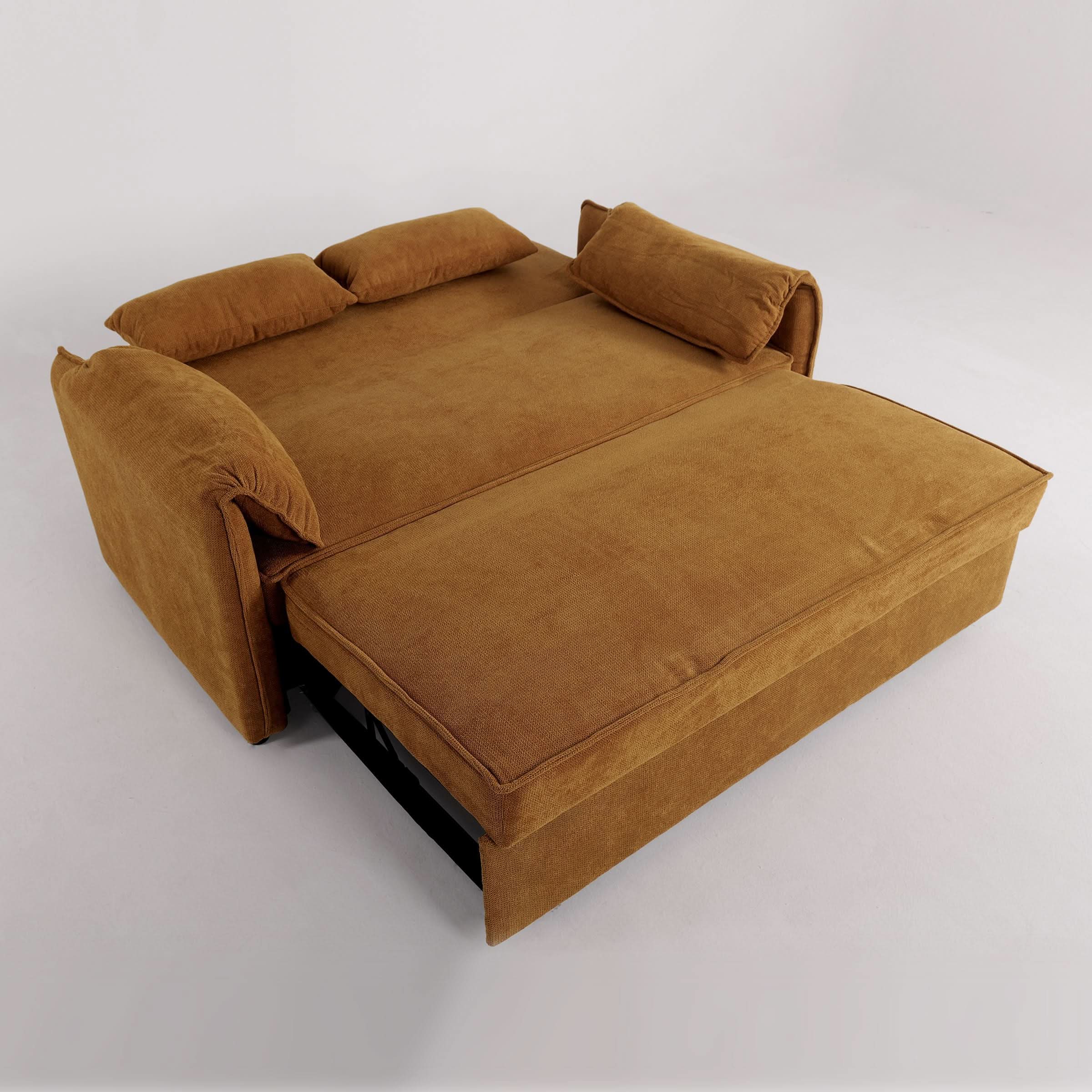 Caramel & Ginger Yellow Fabric Sofa Bed with Adjustable Backrest and Easy Pull-Out Mechanism