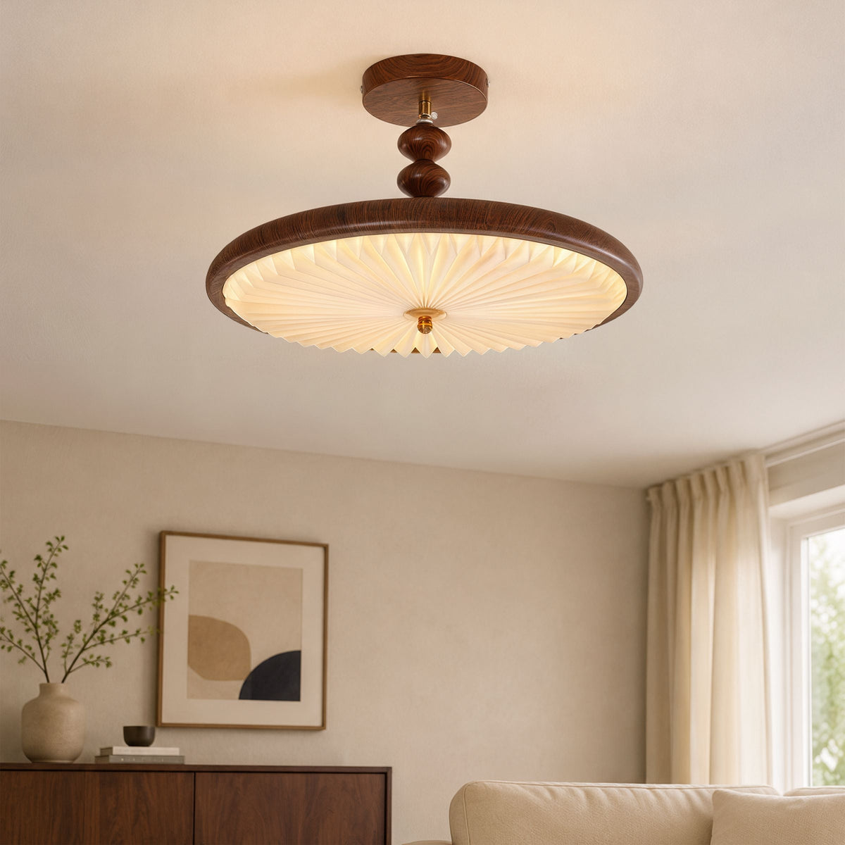 Walnut Pleated Ceiling Light | LED Flush Mount