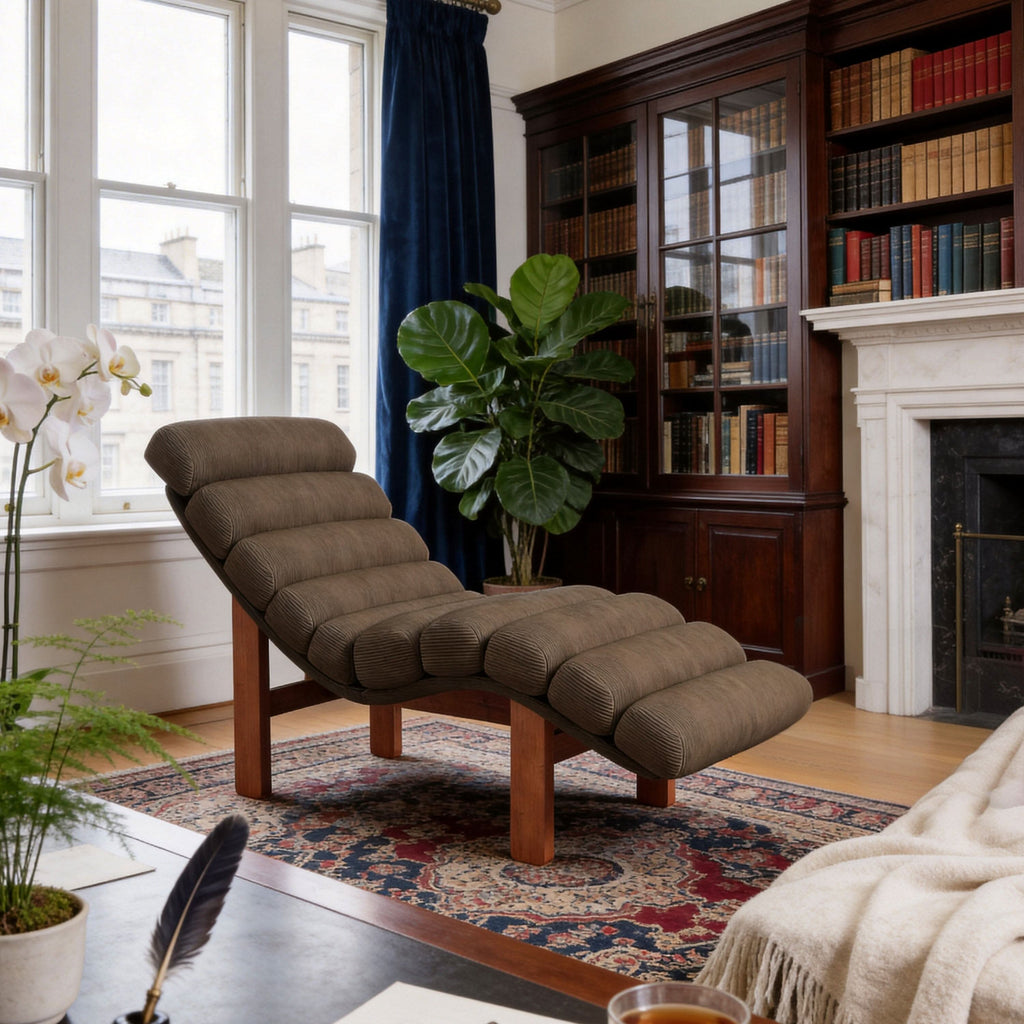 Cottonfy Modern Ergonomic Corduroy Chaise Lounge with Natural Wooden Frame