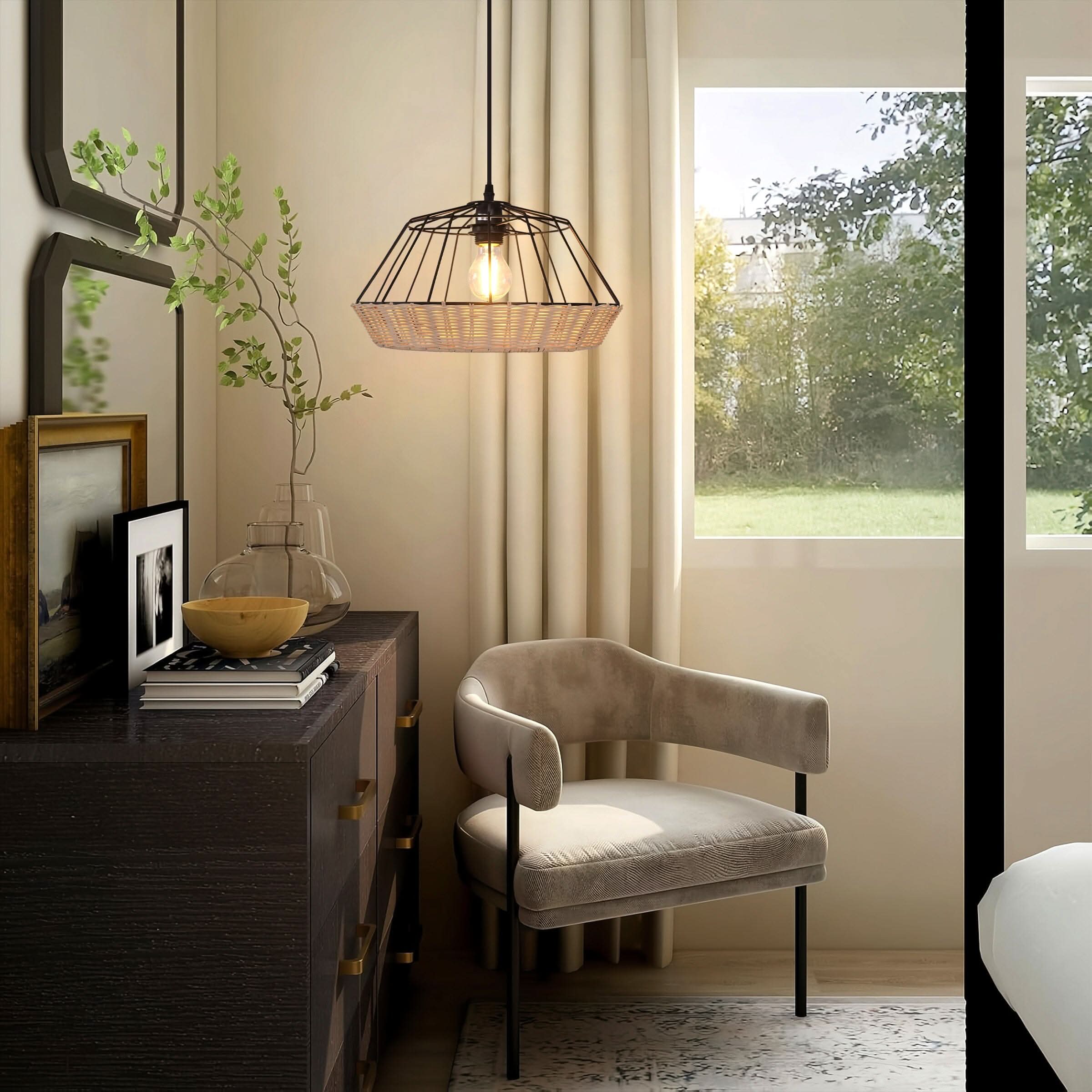 Glyph-Lightsin Rustic Iron Woven Rattan Pendant Light for Dining Room, Reading Corner & Bedroom