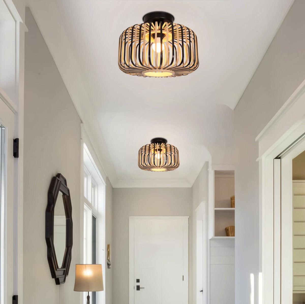 Lightsin Black Modern Ceiling Light – Handwoven Bamboo Pendant Light for Living Room, Bedroom & Kitchen
