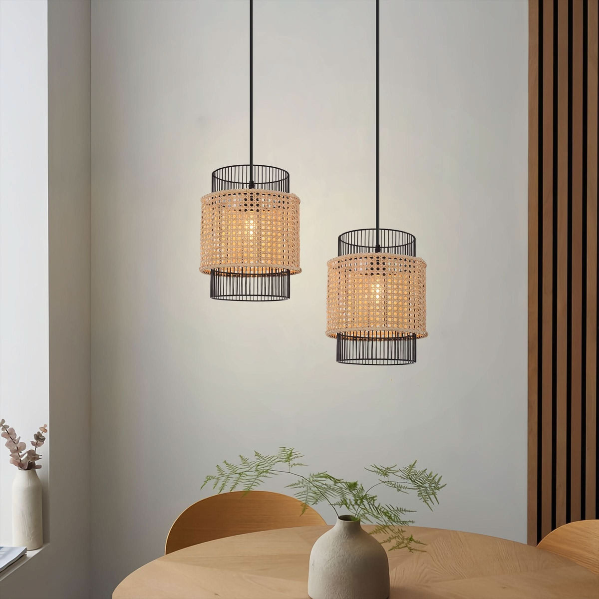 Glyph-Lightsin Elegant Black Frame with Handwoven Rattan Pendant Light