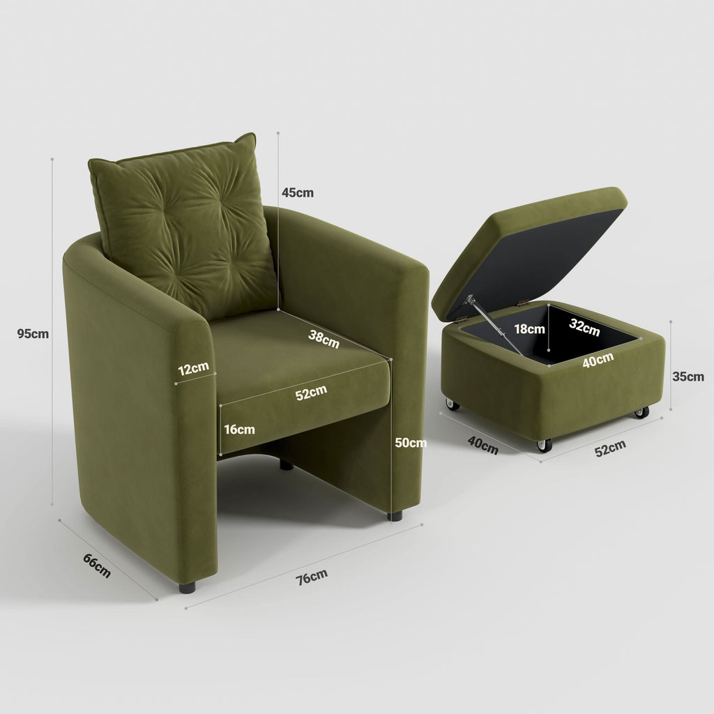 Cottonfy Green Velvet Armchair with Hidden Storage Footstool