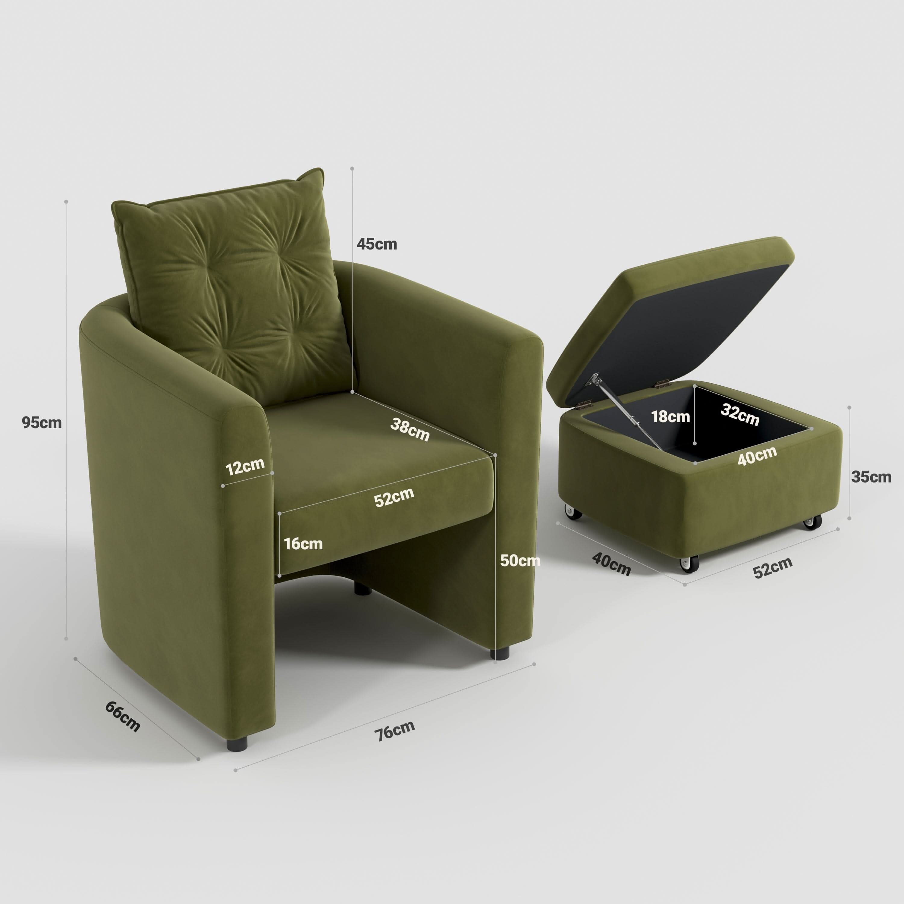 Cottonfy Green Velvet Armchair with Hidden Storage Footstool