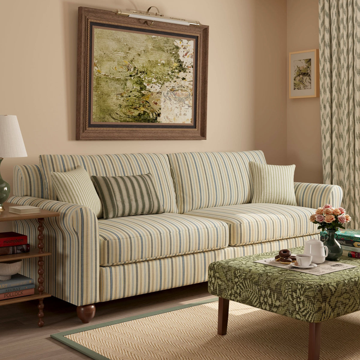 Cottonfy Striped Cotton Linen Blend Rolled Arm Sofa with Soild Wood Bun Feet