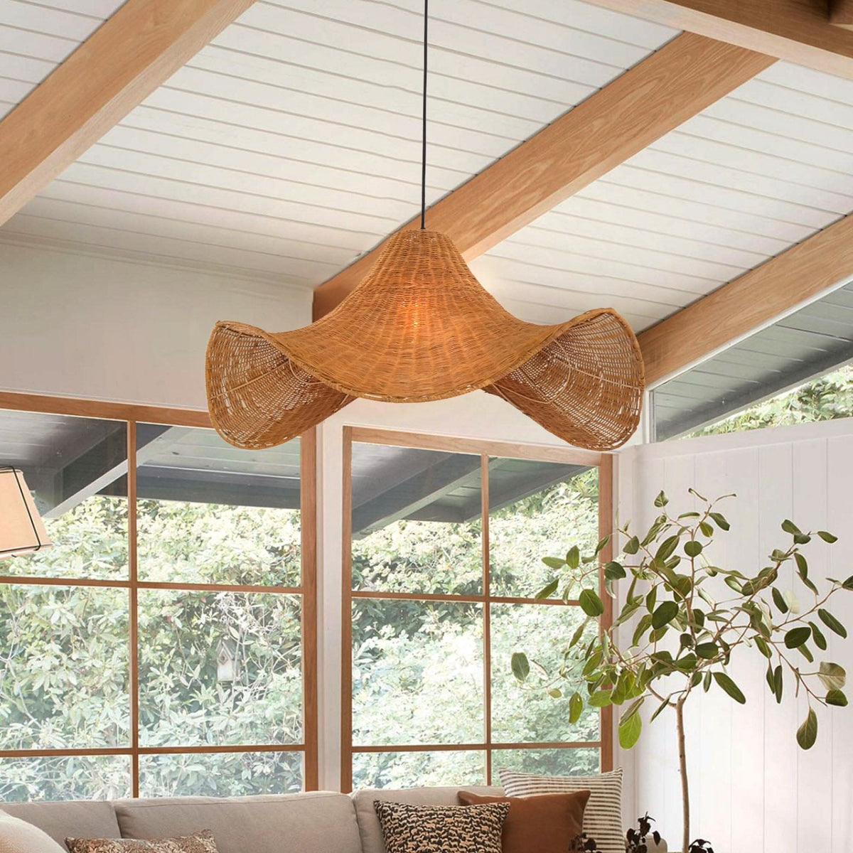 Lightsin Handwoven Rattan Pendant Light Natural & White Hat-Shaped Ceiling Light