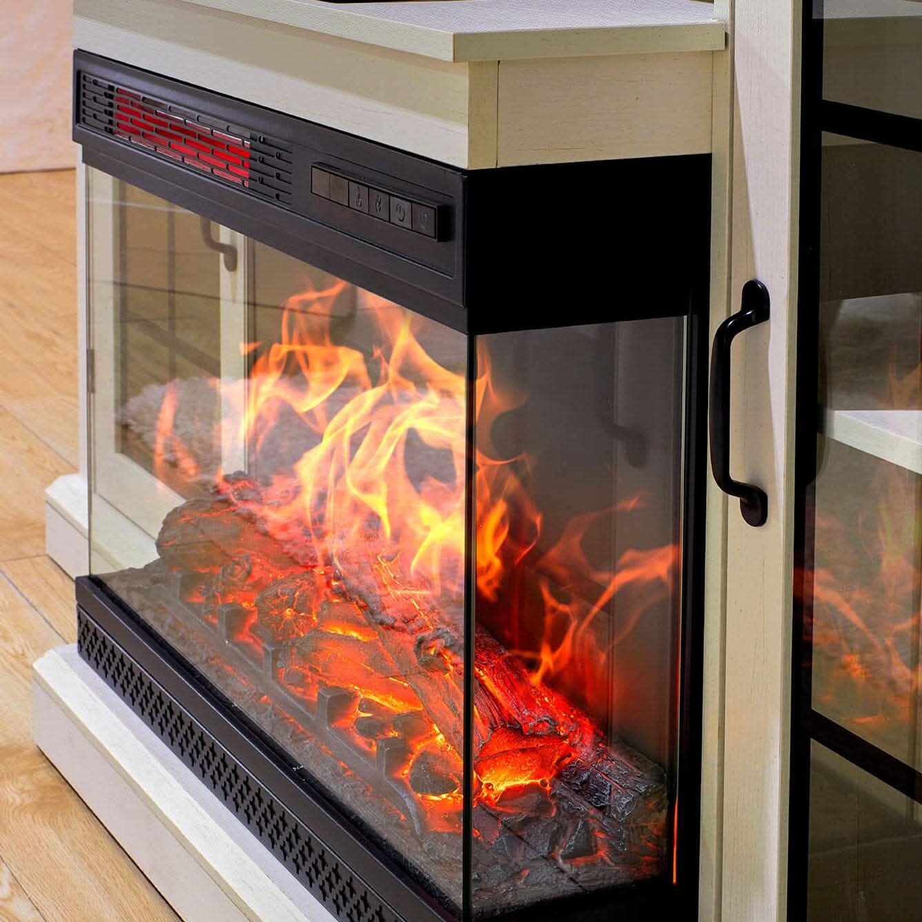 Smallbee Panoramic Glass Fireplace TV Stand with Storage Cabinets, Customizable Flames & Remote Control