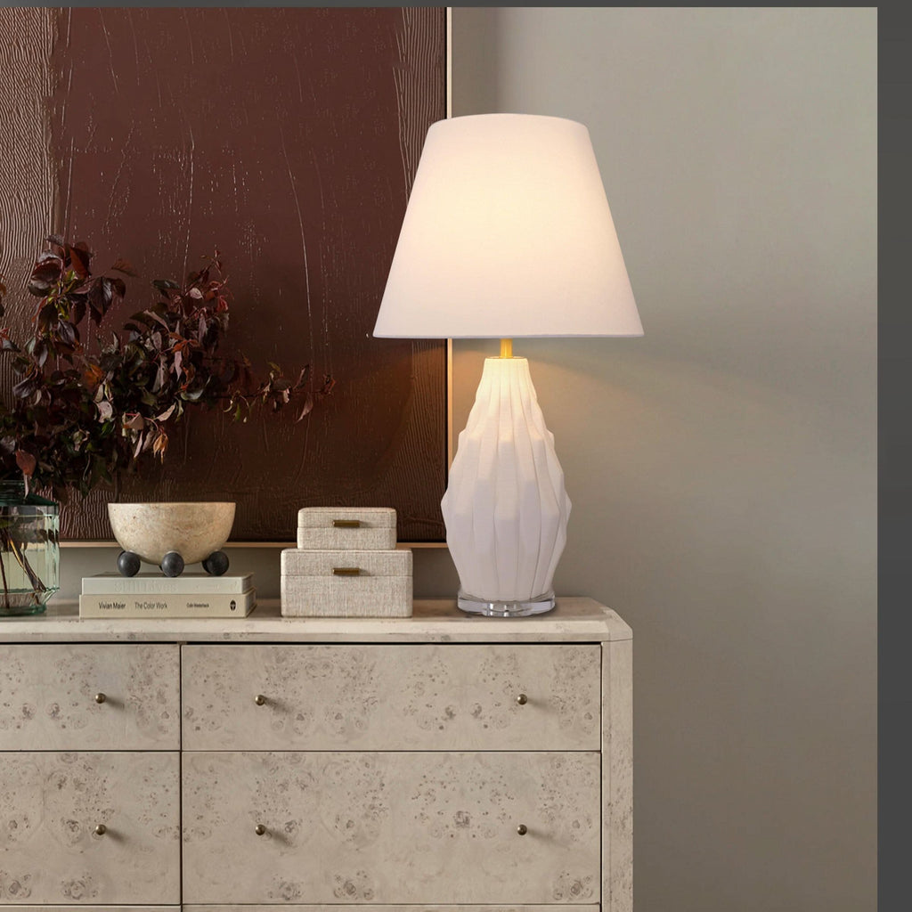 ‍Lightsin 3D Pure White Polygonal Textured Ceramic Table Lamp with Fabric Shade (100% off)