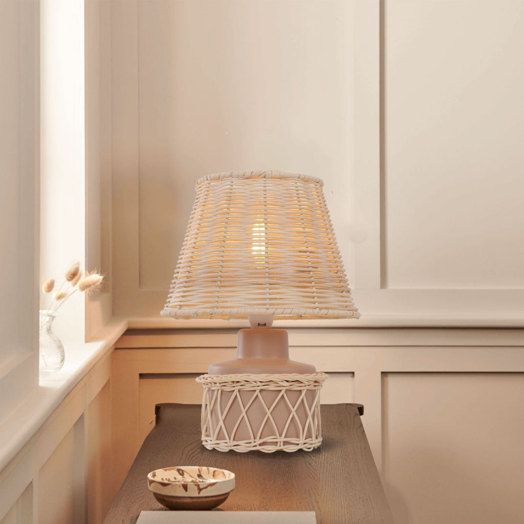 Lightsin Natural Rattan Table Lamp with Pink Wood Base for Bedroom and Living Room