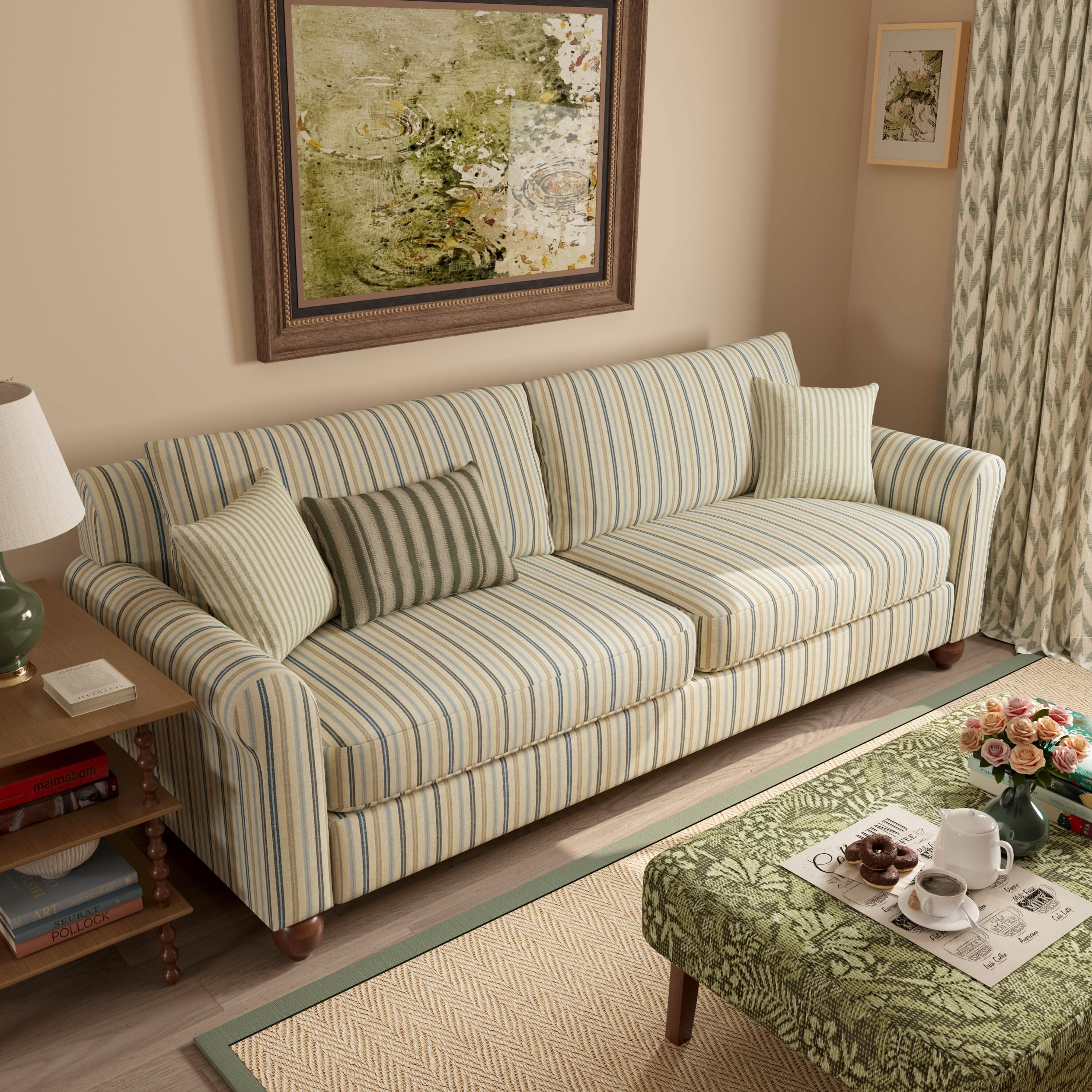 Cottonfy Striped Cotton Linen Blend Rolled Arm Sofa with Soild Wood Bun Feet