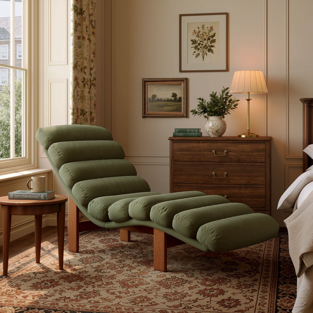 Cottonfy Modern Ergonomic Corduroy Chaise Lounge with Natural Wooden Frame